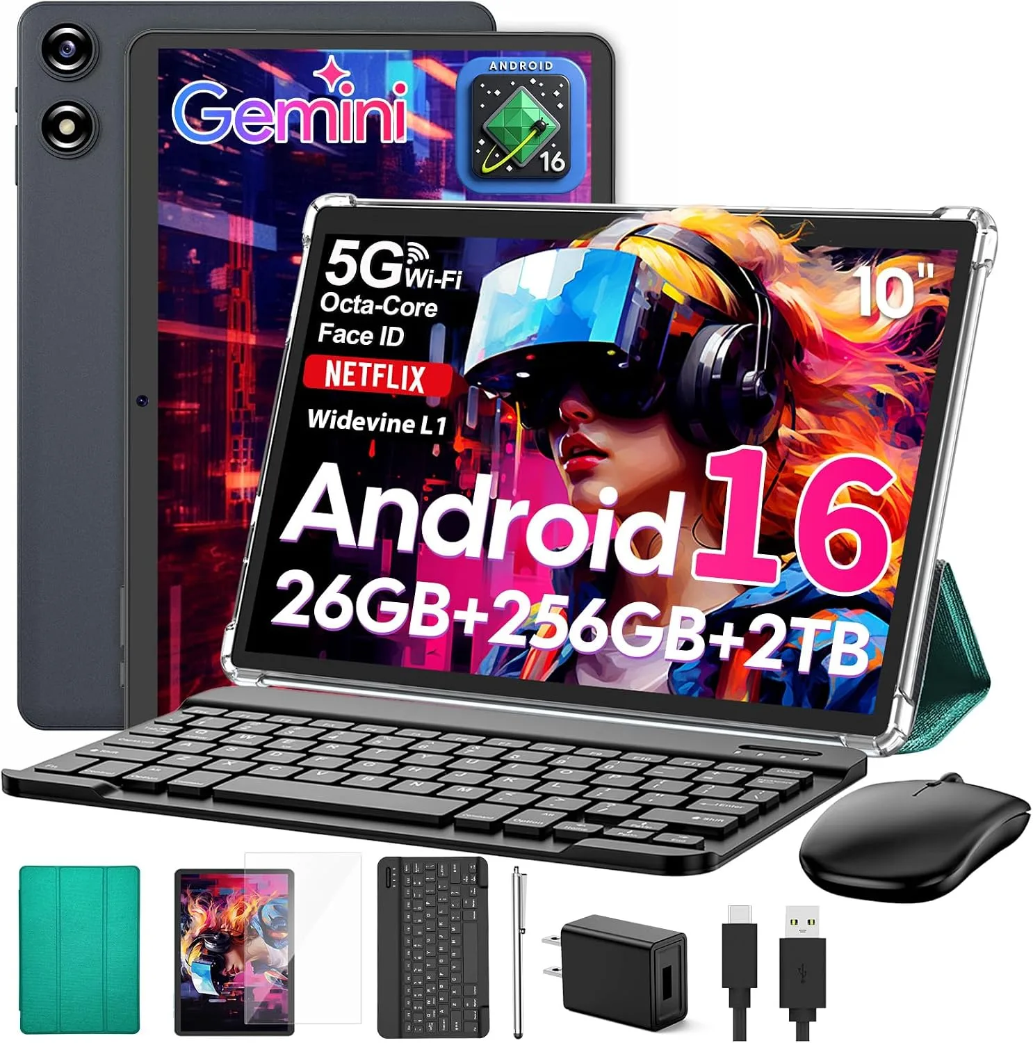 Android 16 tablet 10 inch, Android Tablet with Keyboard, 26GB+256GB+2TB Expand, Electronic Tablet PC with Gemini, 8-Core, 8000mAh, 5G WiFi, GPS, GMS, 2 in 1 Tablet with Case/Mouse/Stylus(Green Case)
