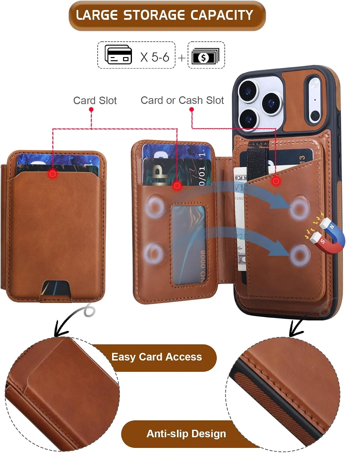 Magnetic Detachable Wallet Case for iPhone 18/17 Pro Max with Kickstand,2-in-1 MagSafe Compatible RFID Blocking Card Holder,Slim PU Leather Cover Brown