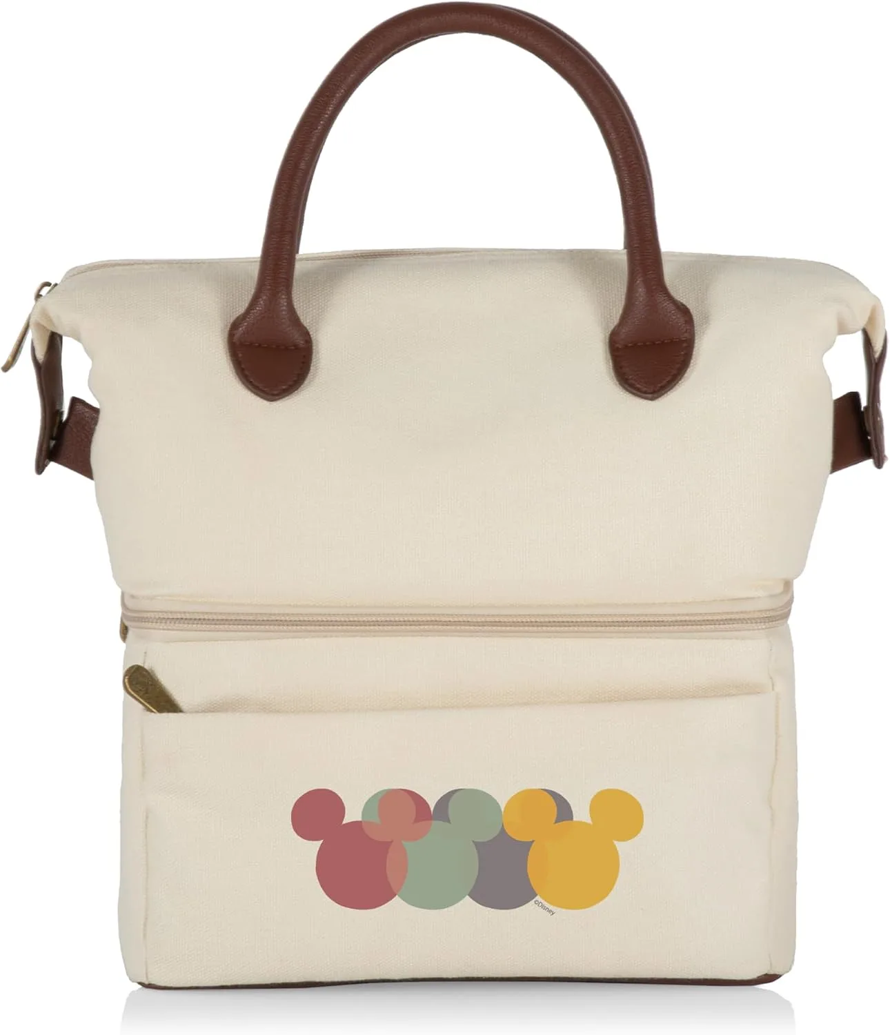 PICNIC TIME Disney Mickey Mouse Urban Lunch Bag Insulated Two Tier Cooler Lunch Tote with Dry Storage and Leatherette Handles Stylish Soft Cooler, (Beige with Brown Accents)