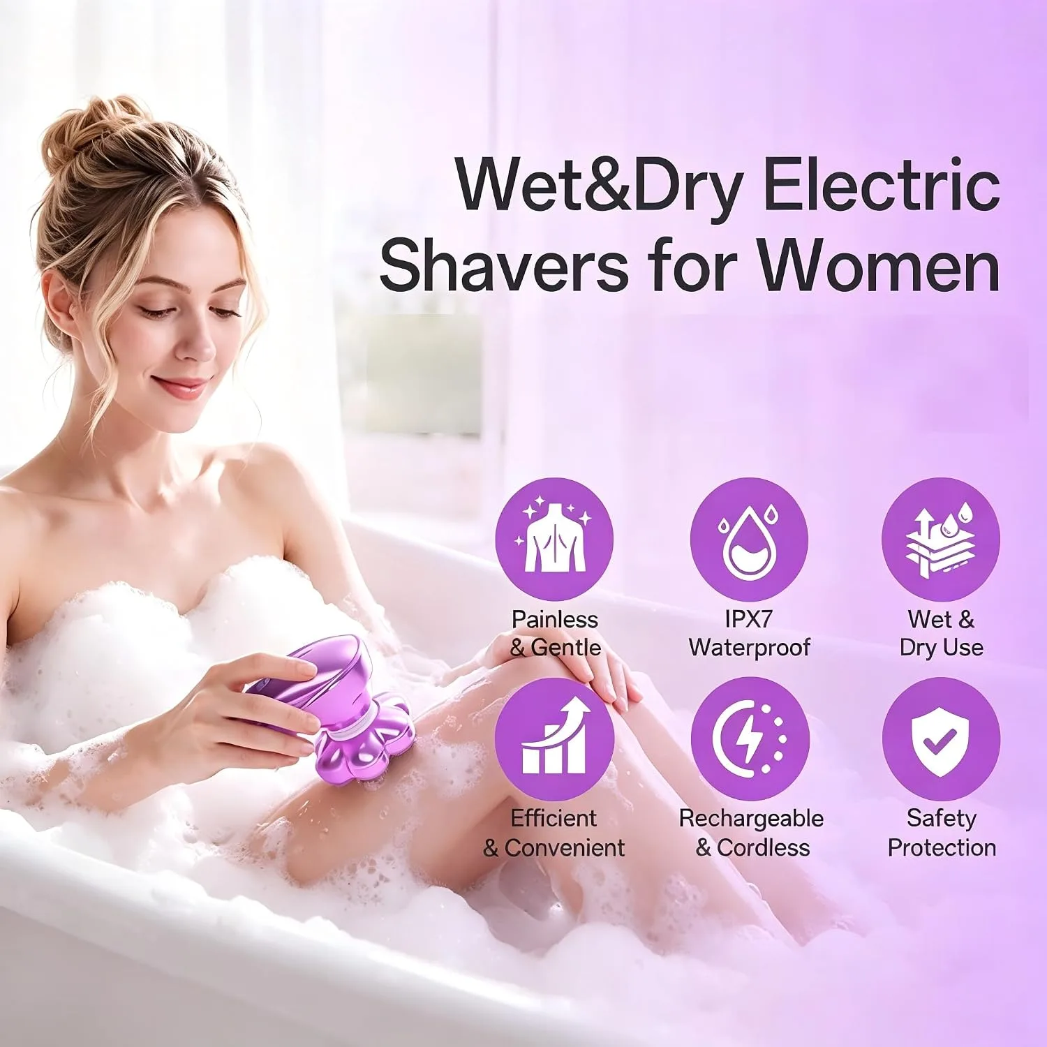 5-in-1 Electric Razors for Women, 7D Electric Shavers for Womens Full Body Legs, IPX7 Waterproof Wet Dry Travel Bikini Trimmers for Lady Face Bikini Arms Underarms (Deep Purple)