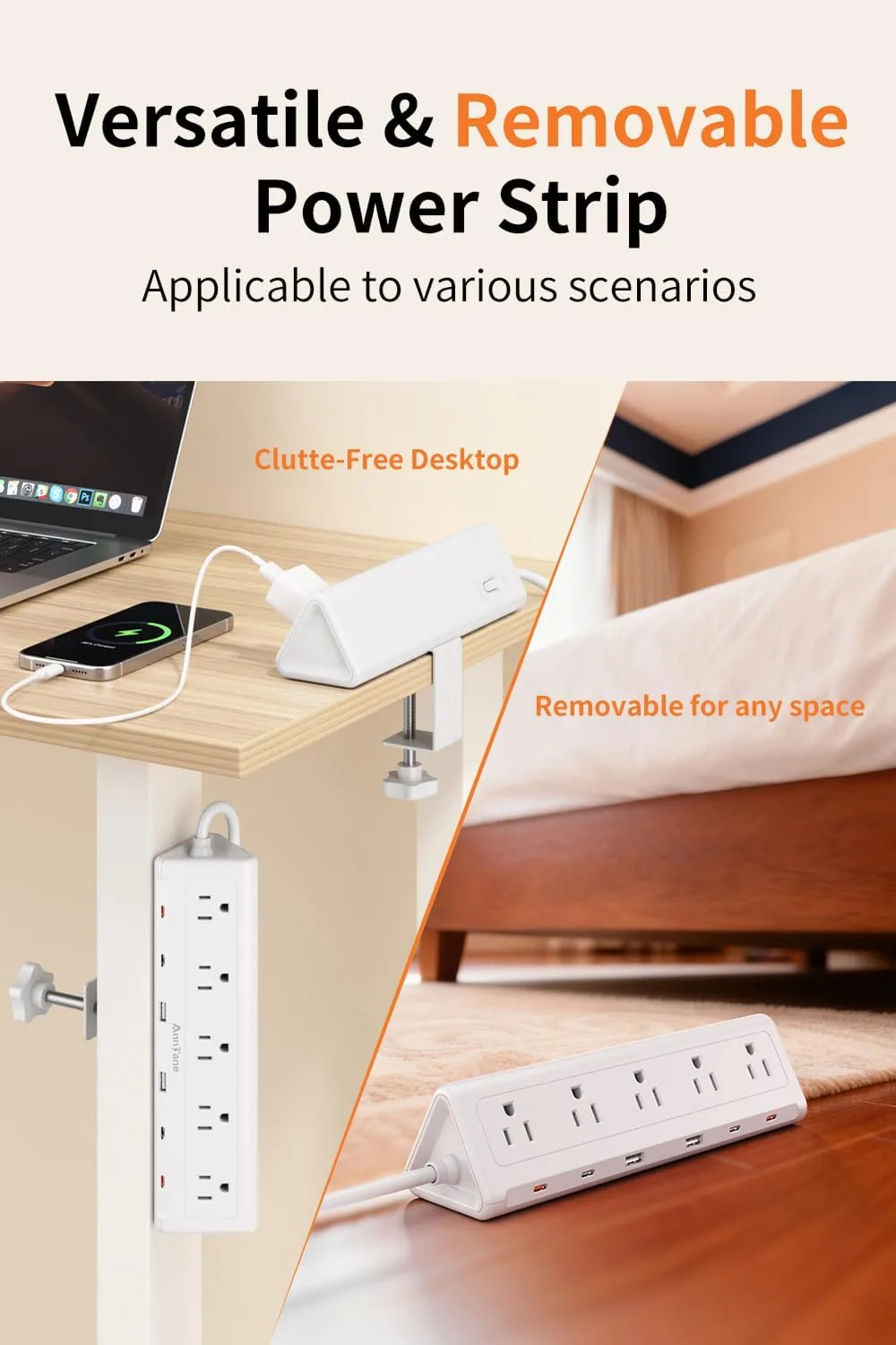 AnnTane Desk Clamp Power Strip USBC, 40W Fast Charging, 6.5 Ft, White