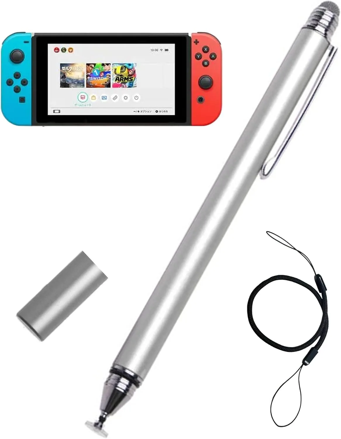 2-in-1 Stylus Pen for Nintendo Switch1/2/Lite/OLED, with Lanyard (Silver)