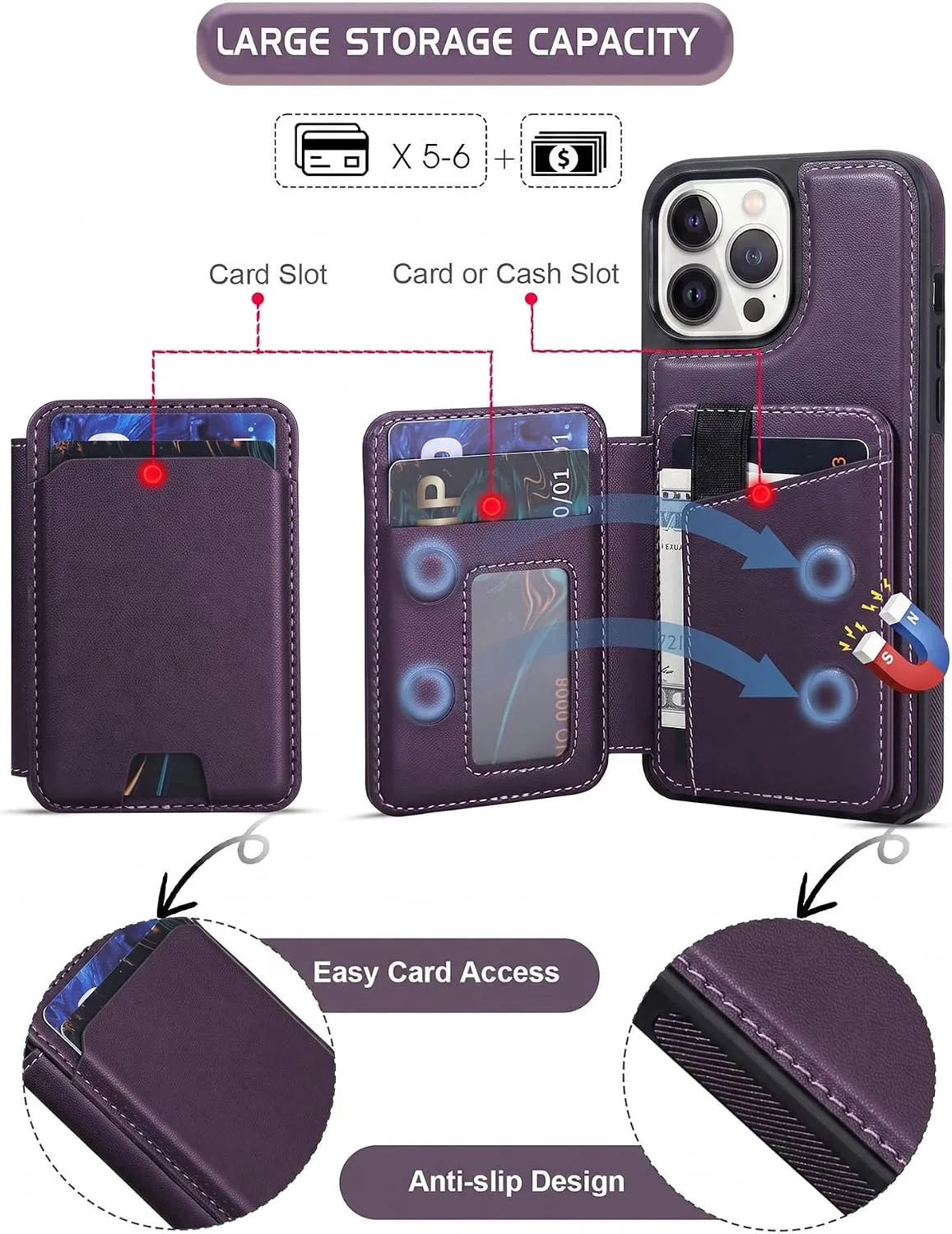 Magnetic Detachable Wallet Case for iPhone 12 Pro Max with Kickstand,2-in-1 MagSafe Compatible RFID Blocking Card Holder,Slim PU Leather Cover Purple
