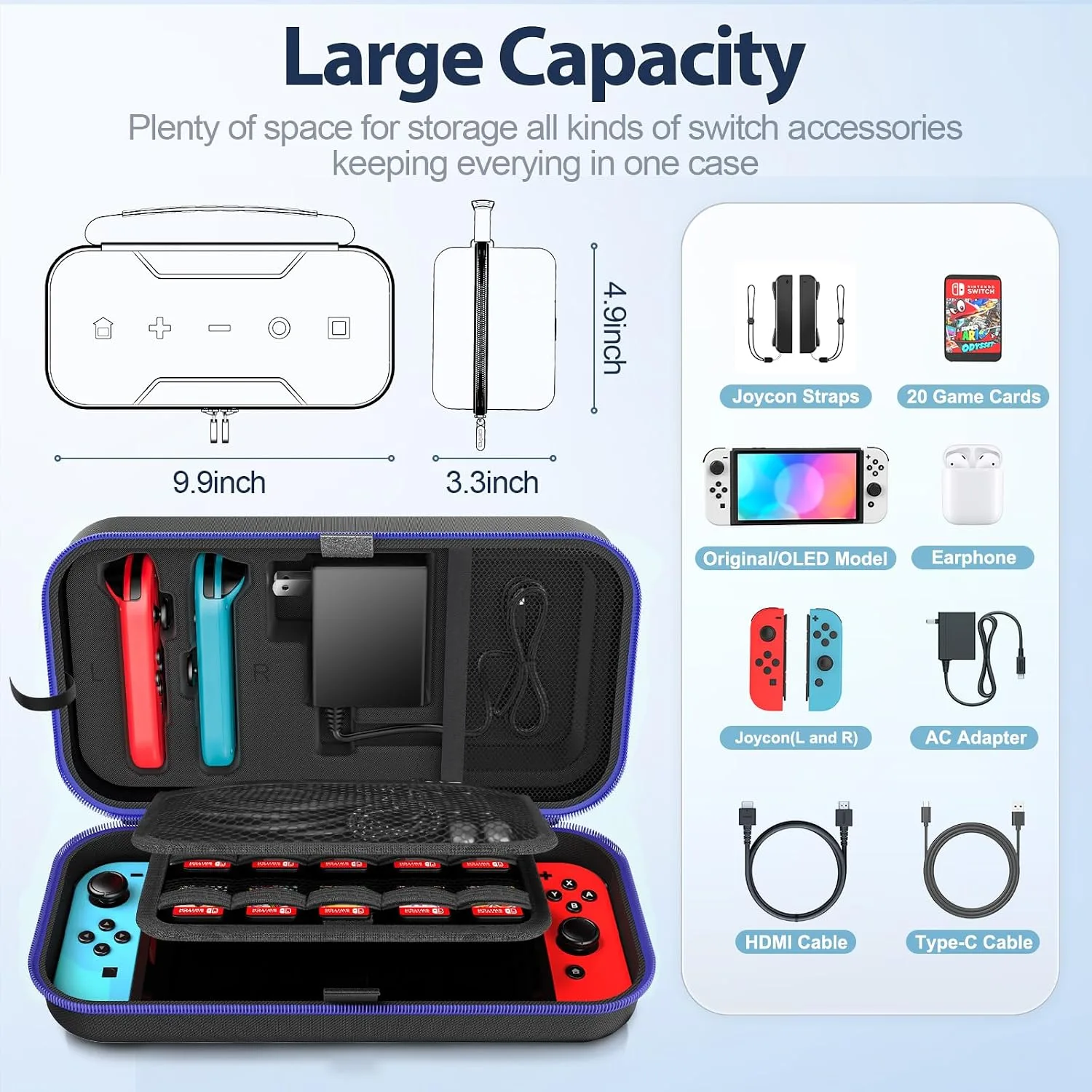 Switch Carrying Case Compatible with Nintendo & OLED, Portable Switch Travel Carry Case Fit for Joy-Con and Adapter, Hard Shell Protective OLED Pouch Bag with 20 Games, Blue