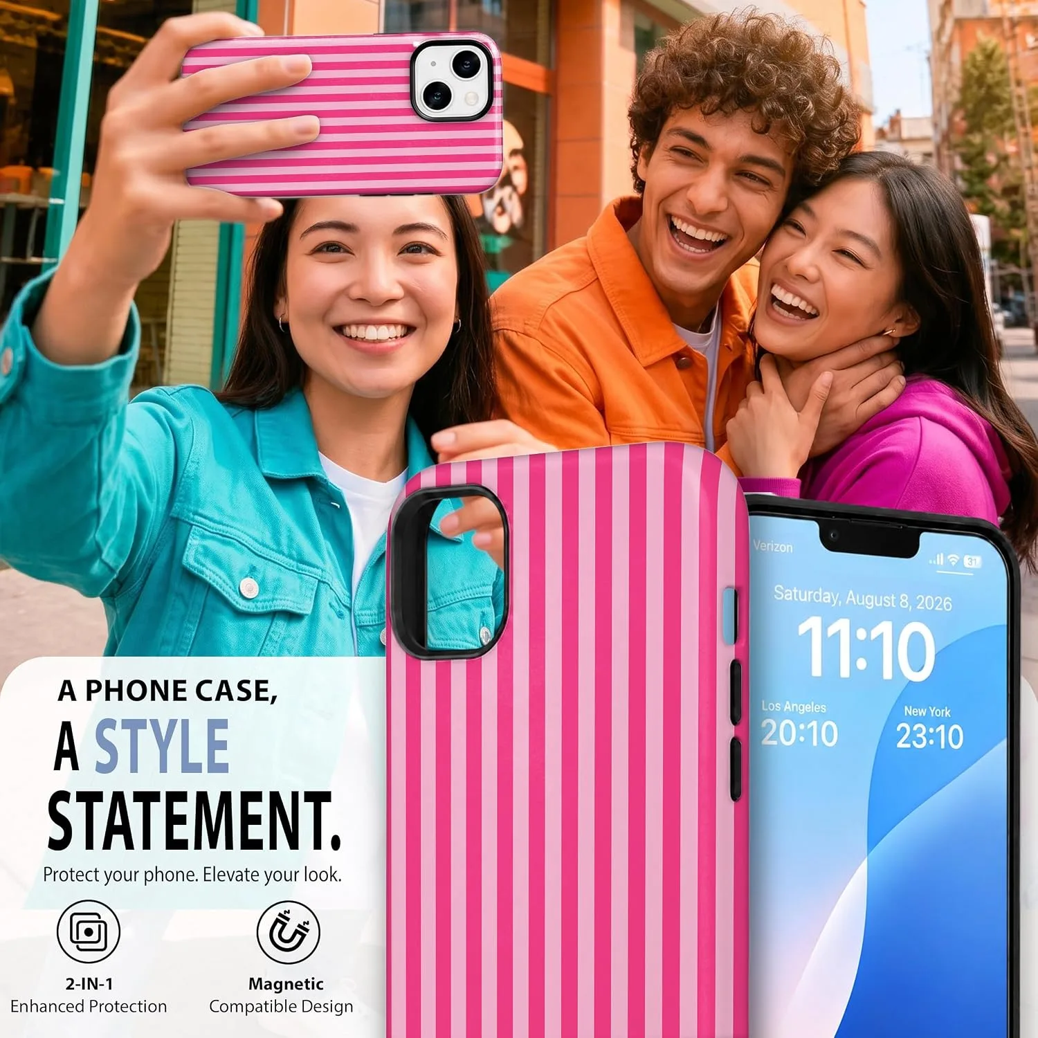 Magnetic for iPhone 13/14 Phone Case, Cute Trendy Hot Pink Striped