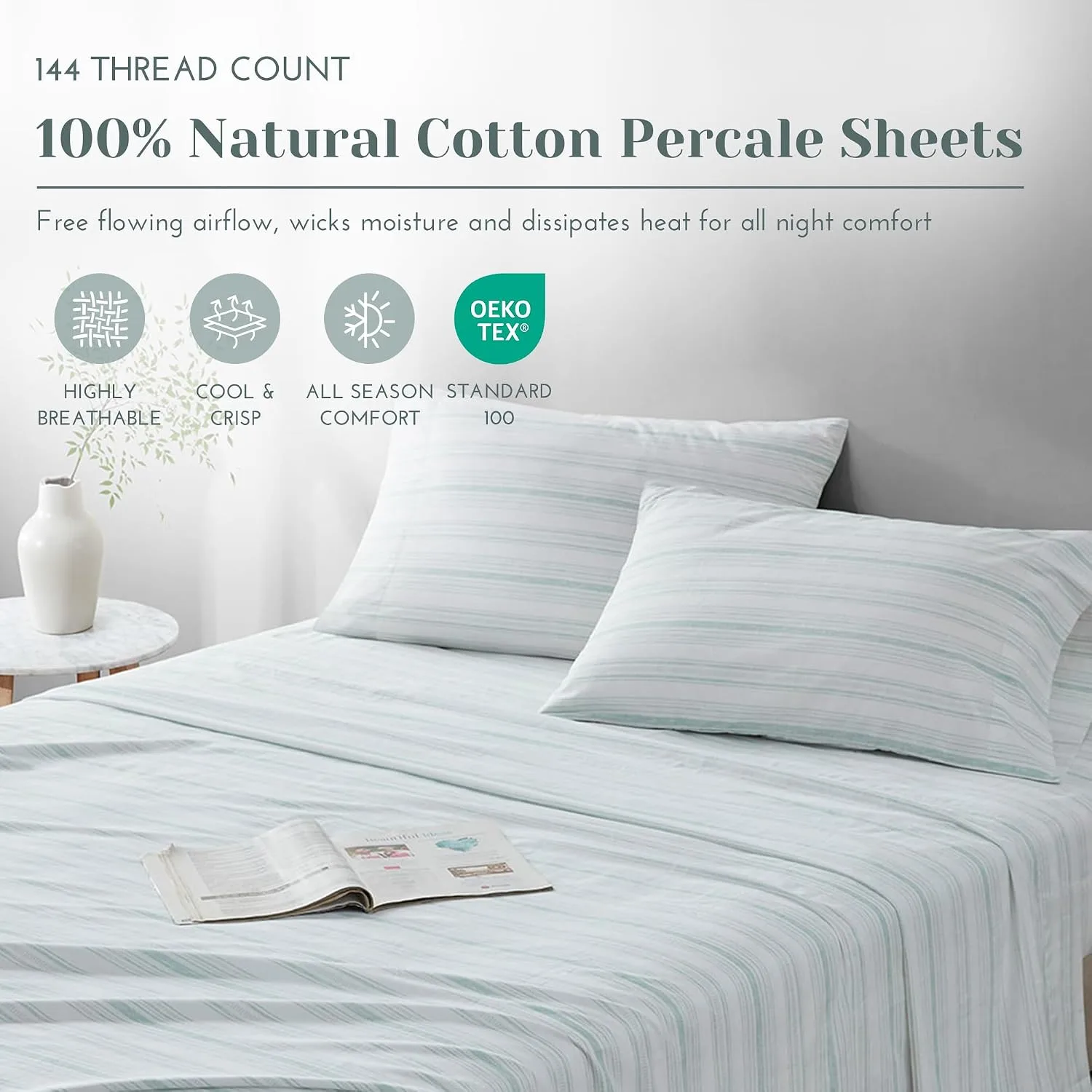 Comfort Spaces 100% Cotton Percale Sheets Queen Sheet Set 4 Pcs, Good Vibes