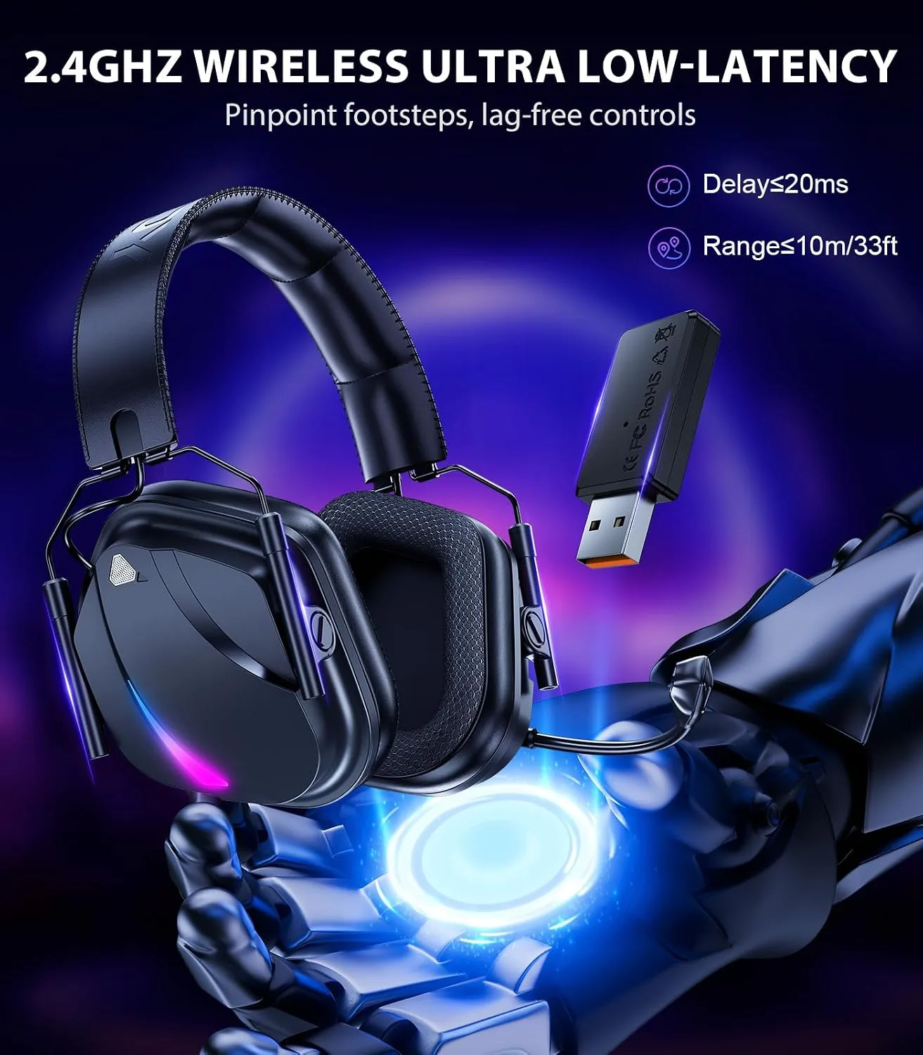 Vakedy Wireless Gaming Headset with Mic for PS5 PS4 PC Switch, 50H Battery