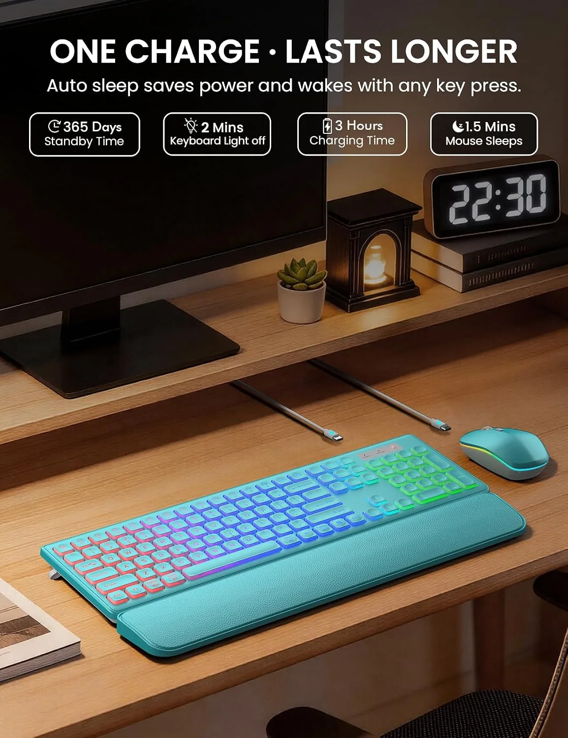 Wireless Keyboard and Mouse Combo, RGB Backlit, Wirst Rest, Rechargeable