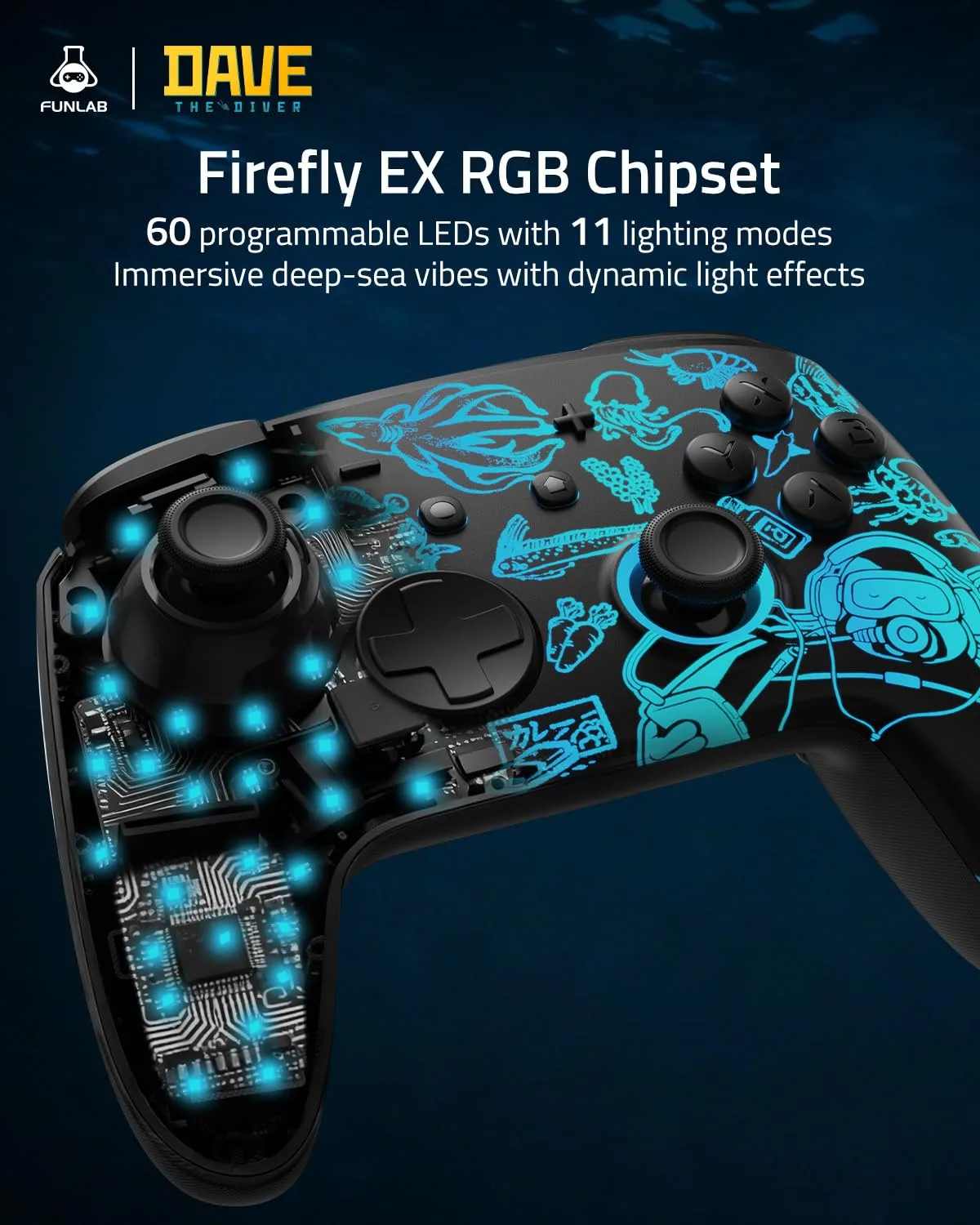 Switch 2 Pro Controller with Charging Dock FUNLAB x Dave the Diver Official Licensed - Hall Effect Sticks, Hidden-Light RGB, One-Click Wake-Up, Turbo, 2 Back Paddles, for Switch 2/OLED/PC, Collector Edition with Ocean Card