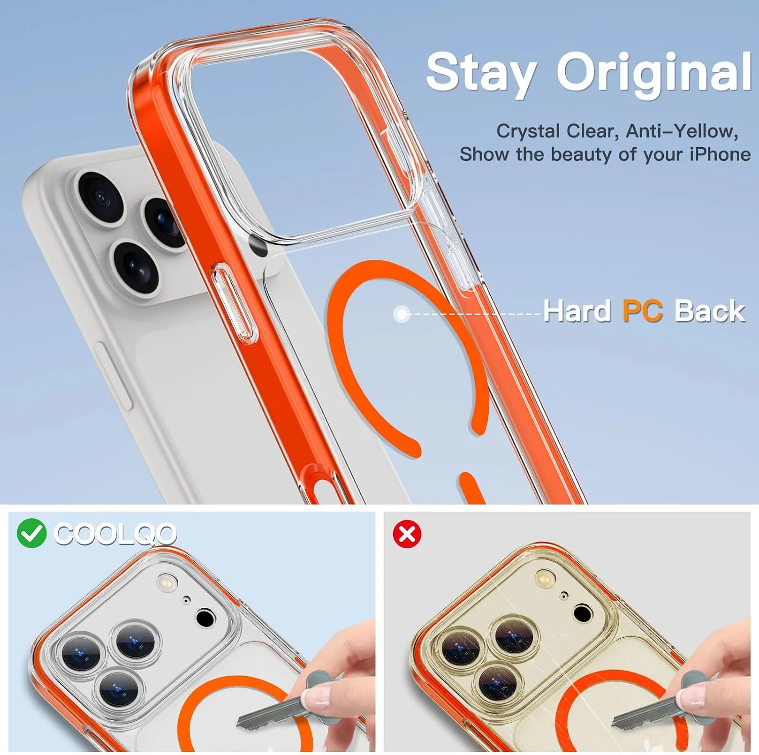 COOLQO Magnetic for iPhone 18/17 Pro Max Case, Crystal Clear, Orange
