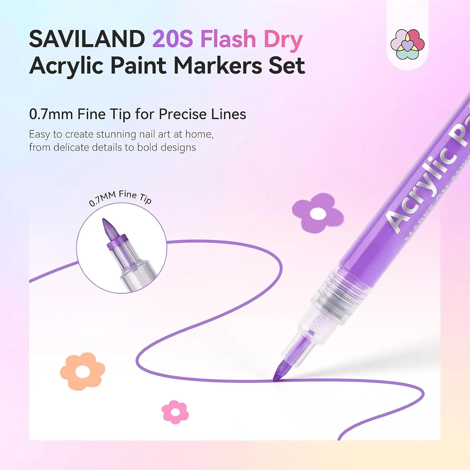 SAVILAND 24 Colors Nail Art Pens Set, 0.7mm Fine Tip Nail Polish Pens