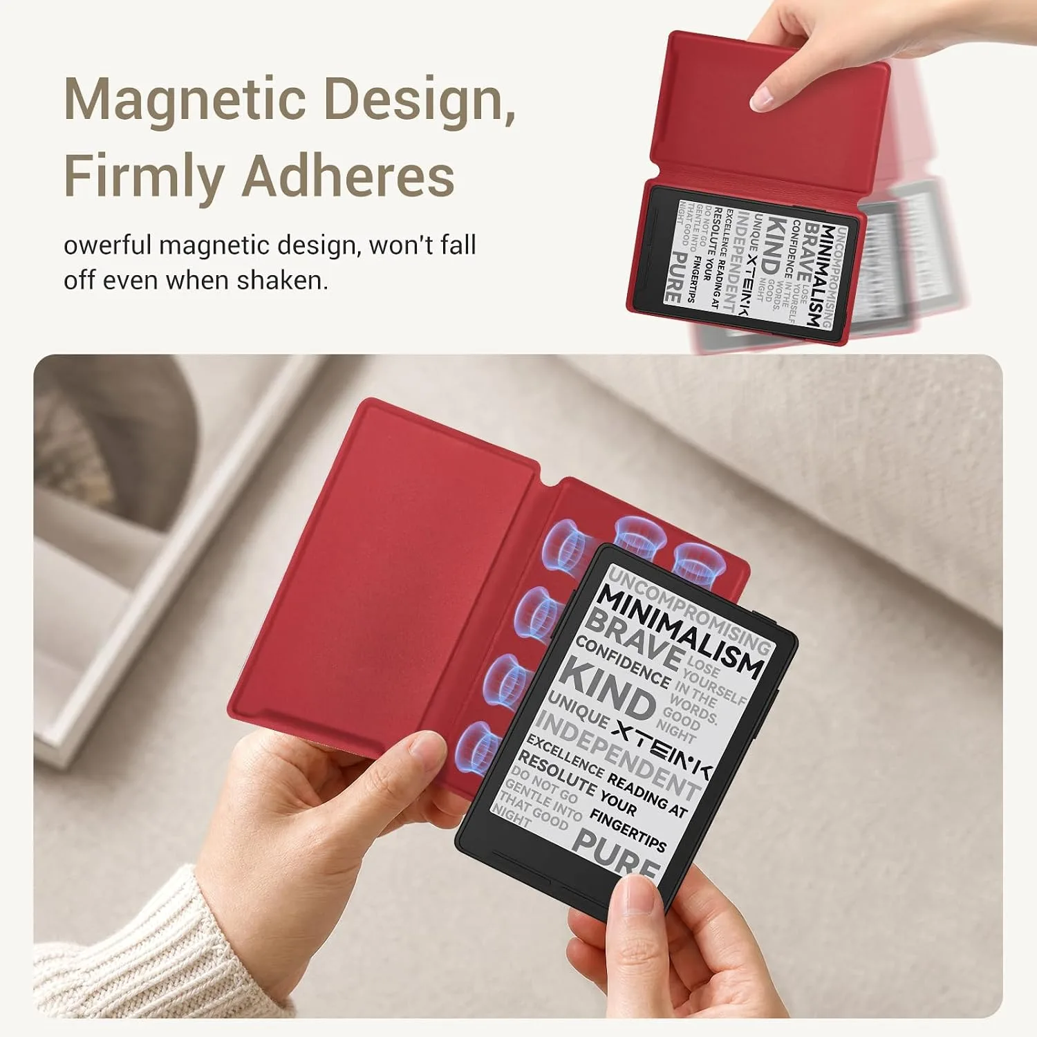 CoBak Magnetic Case for XTEINK X3 eBook Reader, 3.7" Ultra-Lightweight PU Leather Cover(Red)