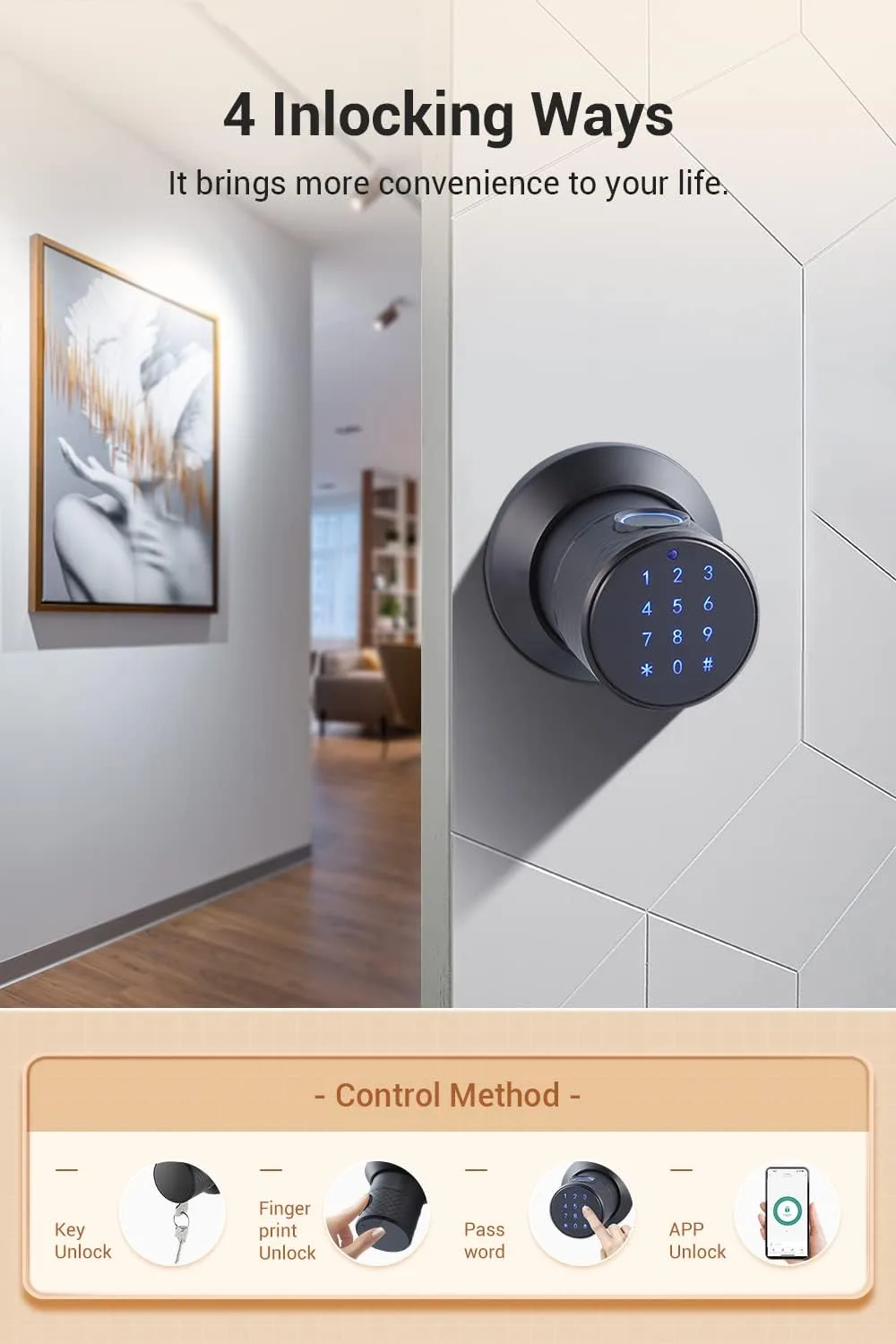 Buoan 4-in-1 Smart Fingerprint Door Knob with Keypad, Black