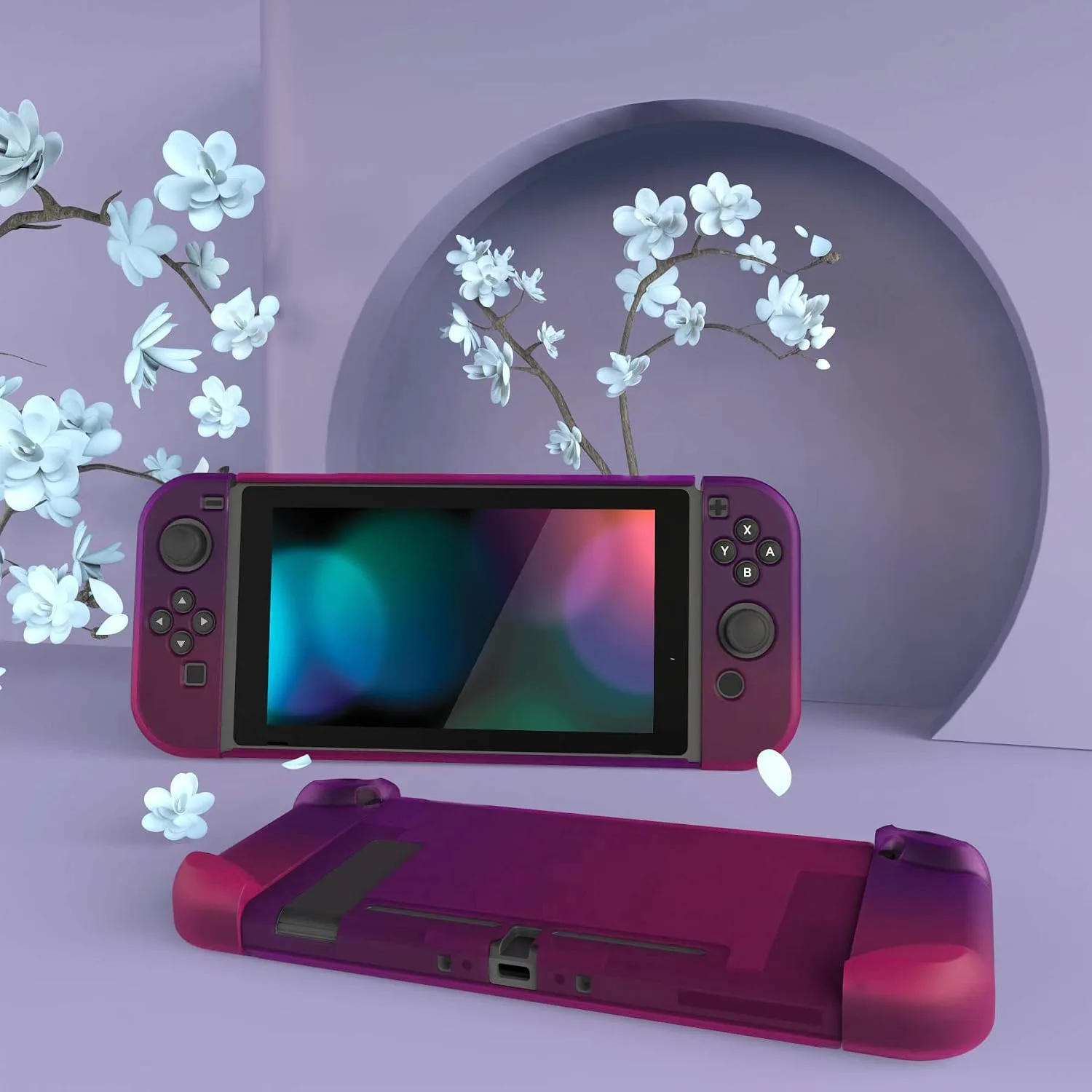 eXtremeRate PlayVital Unique Cover for Nintendo Switch, Protective Case Protector for Switch - Shock-absorbent Anti-Scratch Dockable Durable Hard Shell, Clear Atomic Purple Rose Red (NOT for Switch 2)