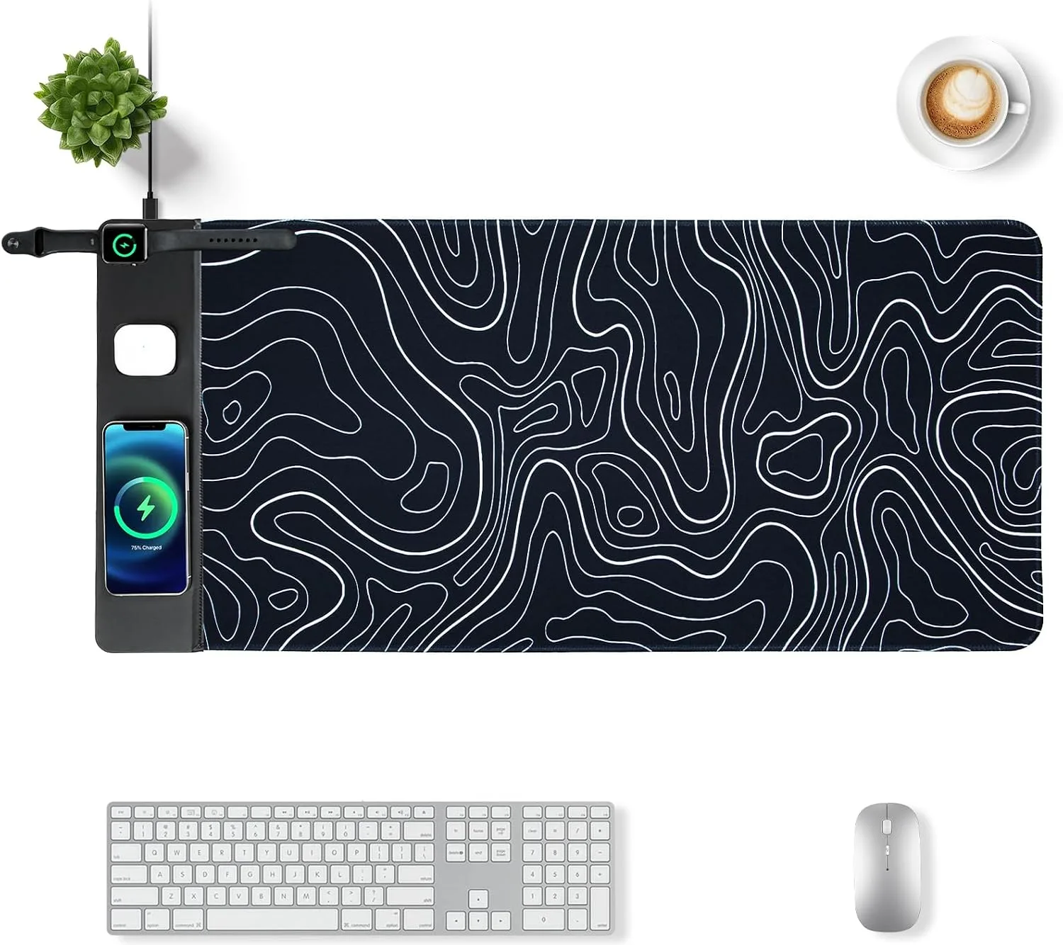 VOVIPO 3 in 1 Wireless Charging Mouse Pad, Gift for Dad/Office Manager,Wireless Charger Compitable with iPhone/Watch/airpods. Wireless Charging Desk Mat 90 x 40cm,Black Topographic Computer Desk Pad