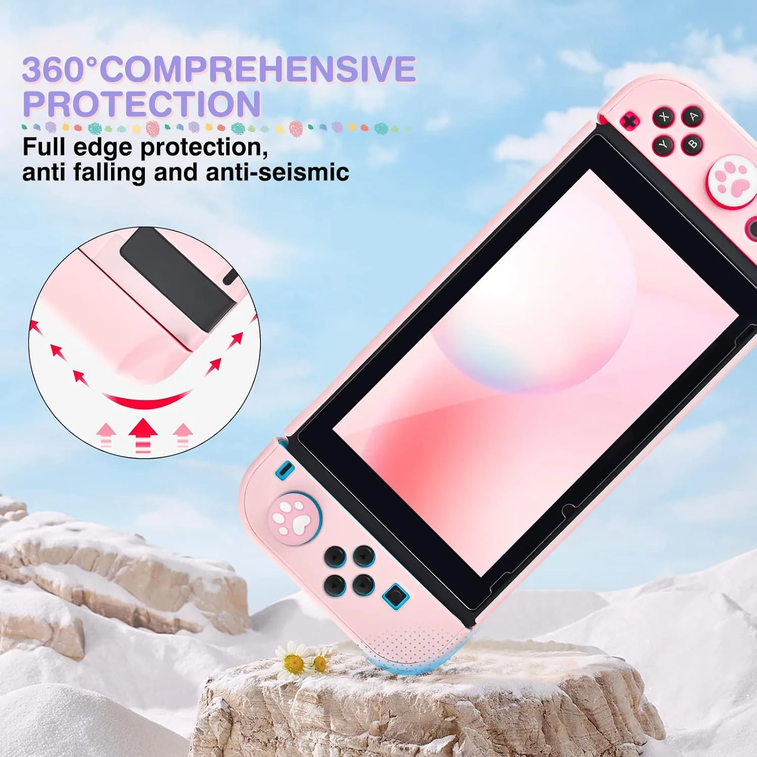 DLseego Pink Switch Case Set Carrying Case with 10 Slots Cute Protective Dockable Hard Shell with 4PCS Lovely Cat Paw Thumb Grips Caps and 1PC Flower Blossom Chain for Switch 2017 Version