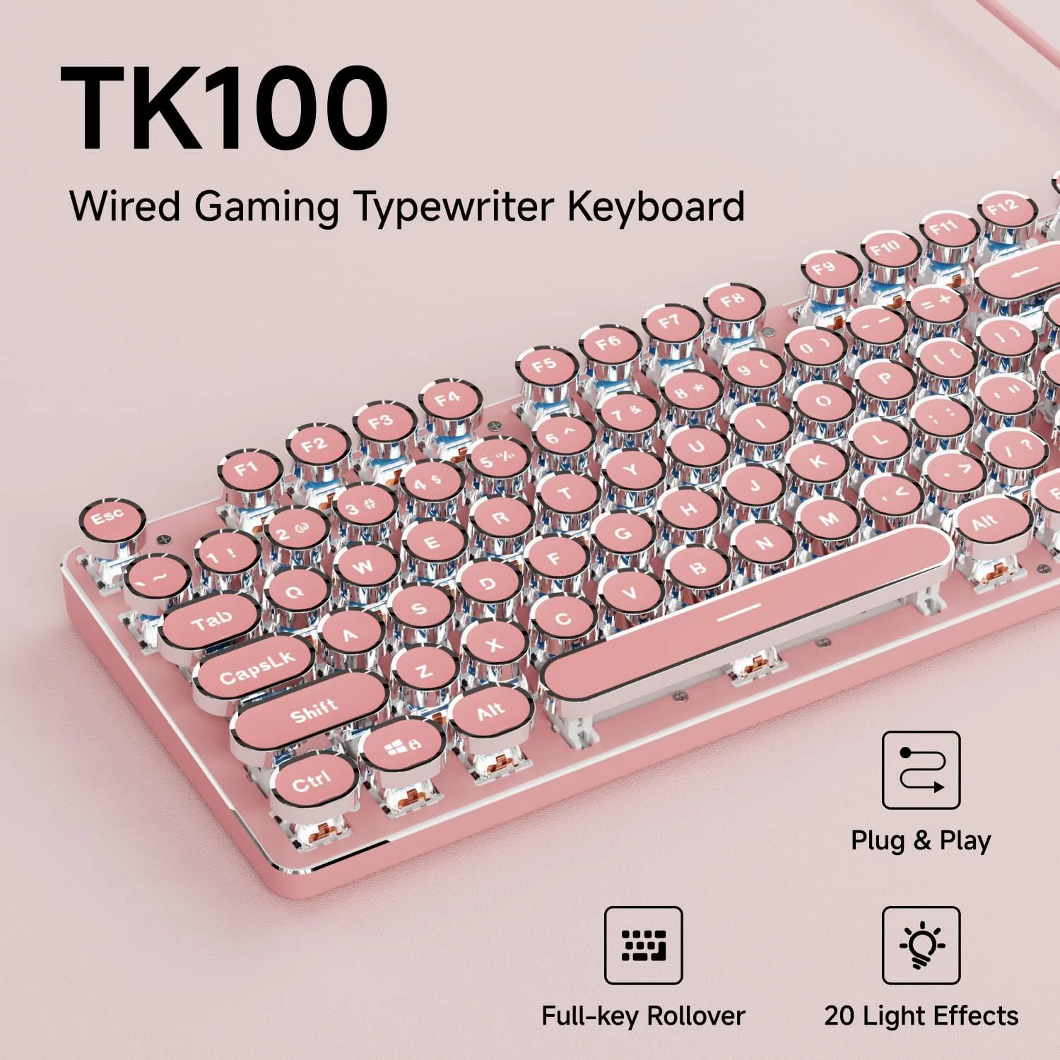 Wired Typewriter Style Mechanical Keyboard with White Backlit, Cute-Pink