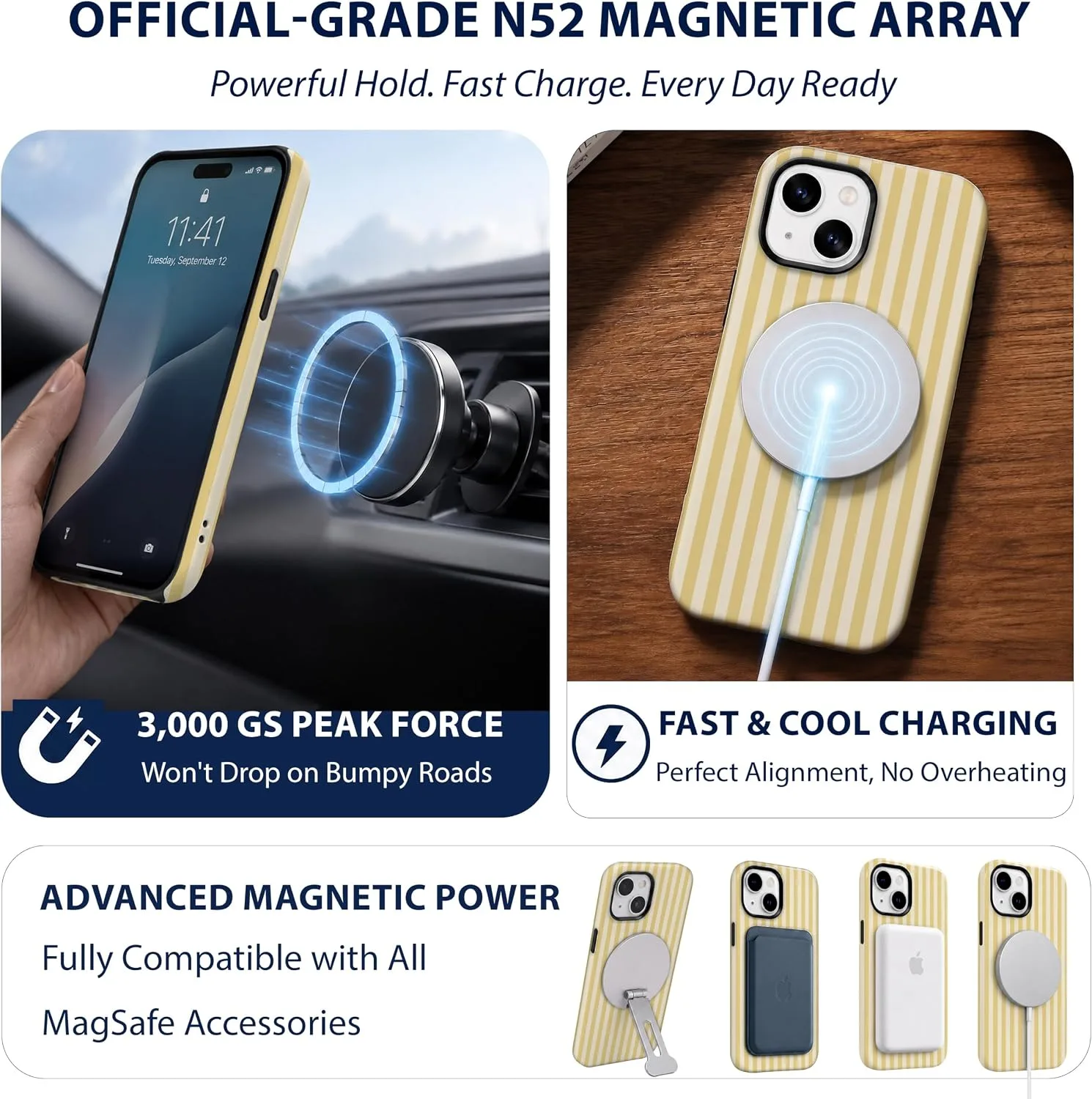 Magnetic for iPhone 15 Phone Case, Cute Butter Yellow Striped