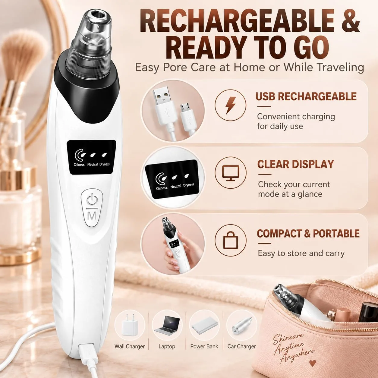 Pore Vacuum Blackhead Remover, 3 Suction Levels, 5 Heads，Black
