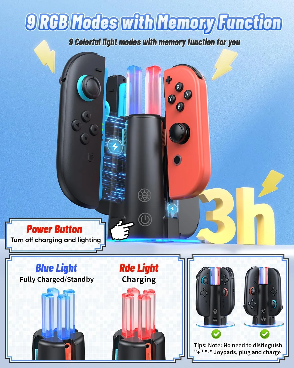 FASTSNAIL Switch Controller Charger for Nintendo Switch 2/1/OLED for Joycon