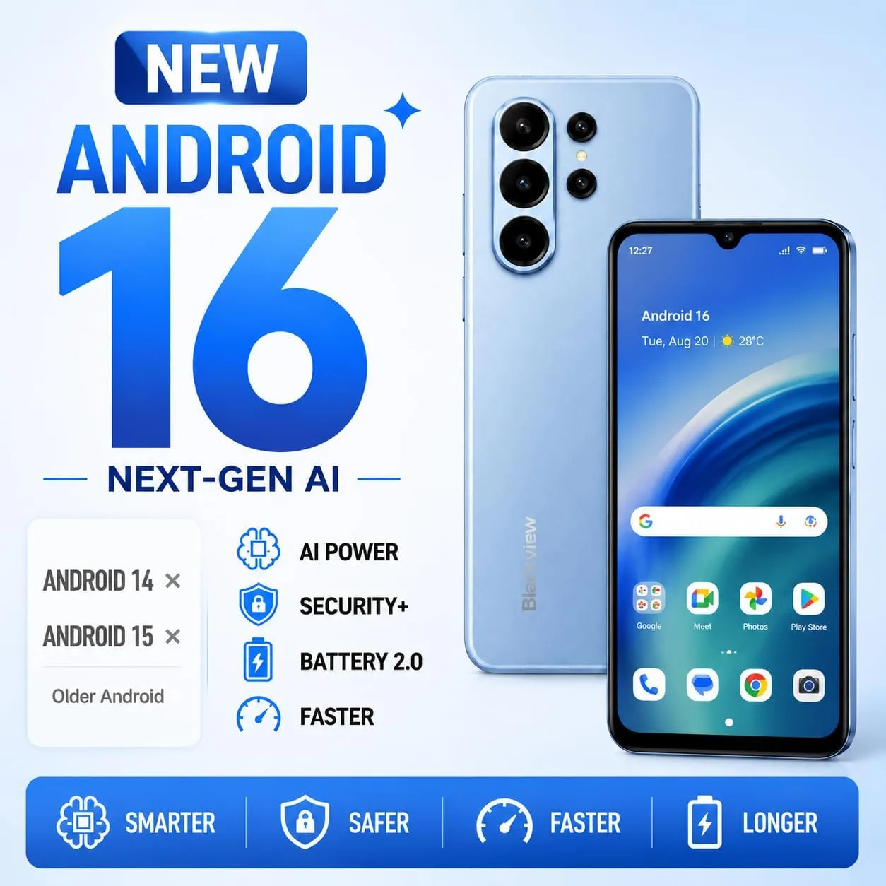 Blackview Wave 10C Android Phone Unlocked 6.88" Large Screen, Android 16 Unlocked Smartphones 16(4+12) GB+128GB/1TB, 32MP+13MP, Dual SIM/Face ID/GPS/OTG, Only for T-Mobile, Blue