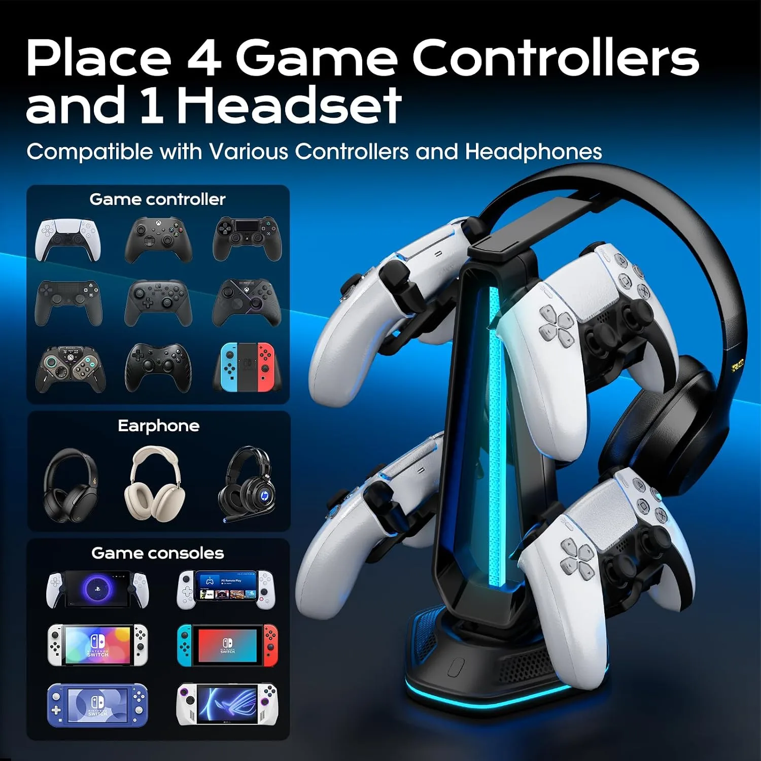 Saitake RGB Controller Stand, Gaming Controller Holder with 9 Light Modes, 2 USB Charging Ports, Headset Stand, Desk Organizer for Xbox PS5 PS4 Switch PC, 4 Controllers & 1 Headphone (Black)