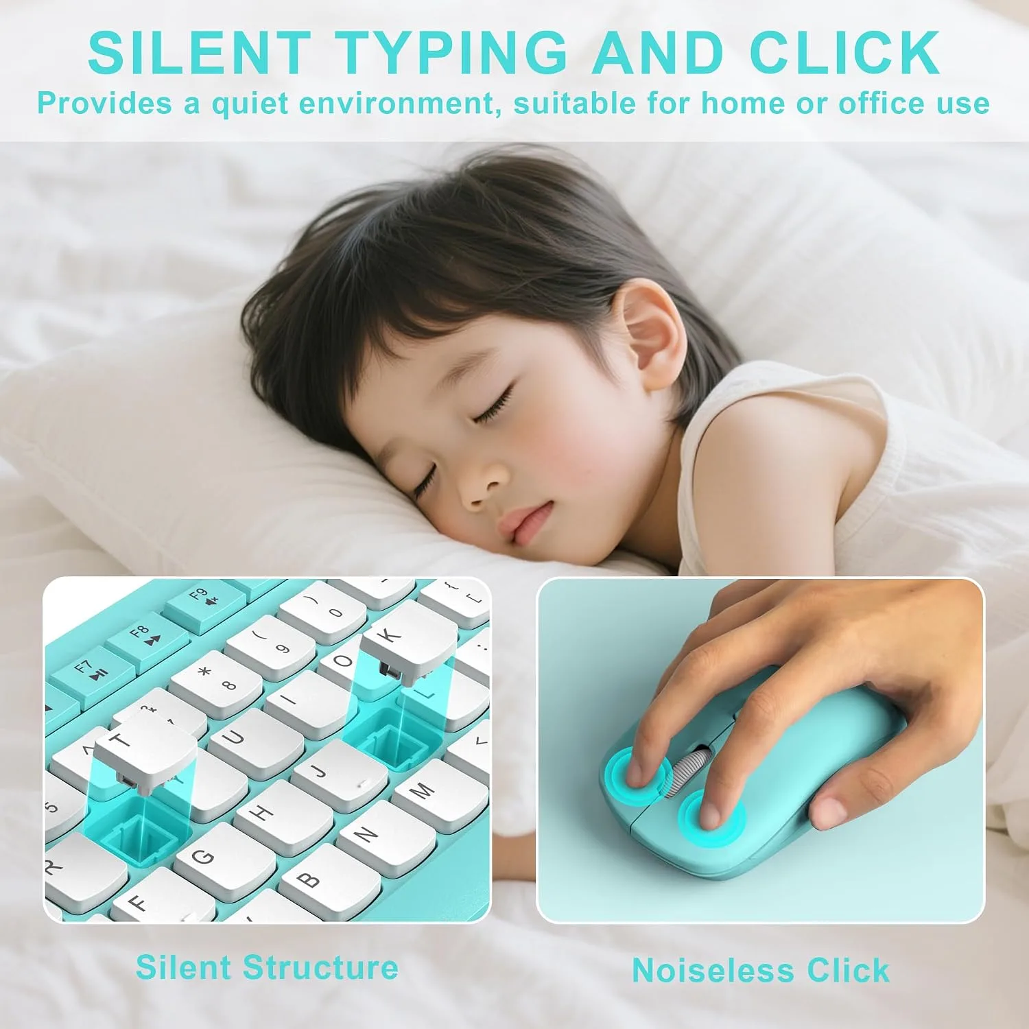 Wireless Keyboard and Mouse Combo Silent for Office and Home(Tifany Blue-B)