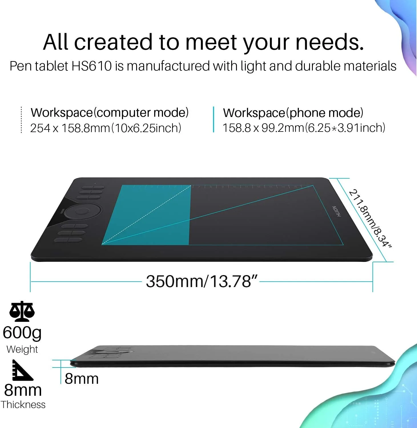 HUION HS610 10x6.25 inch Drawing Tablet 8192 Pen Pressure