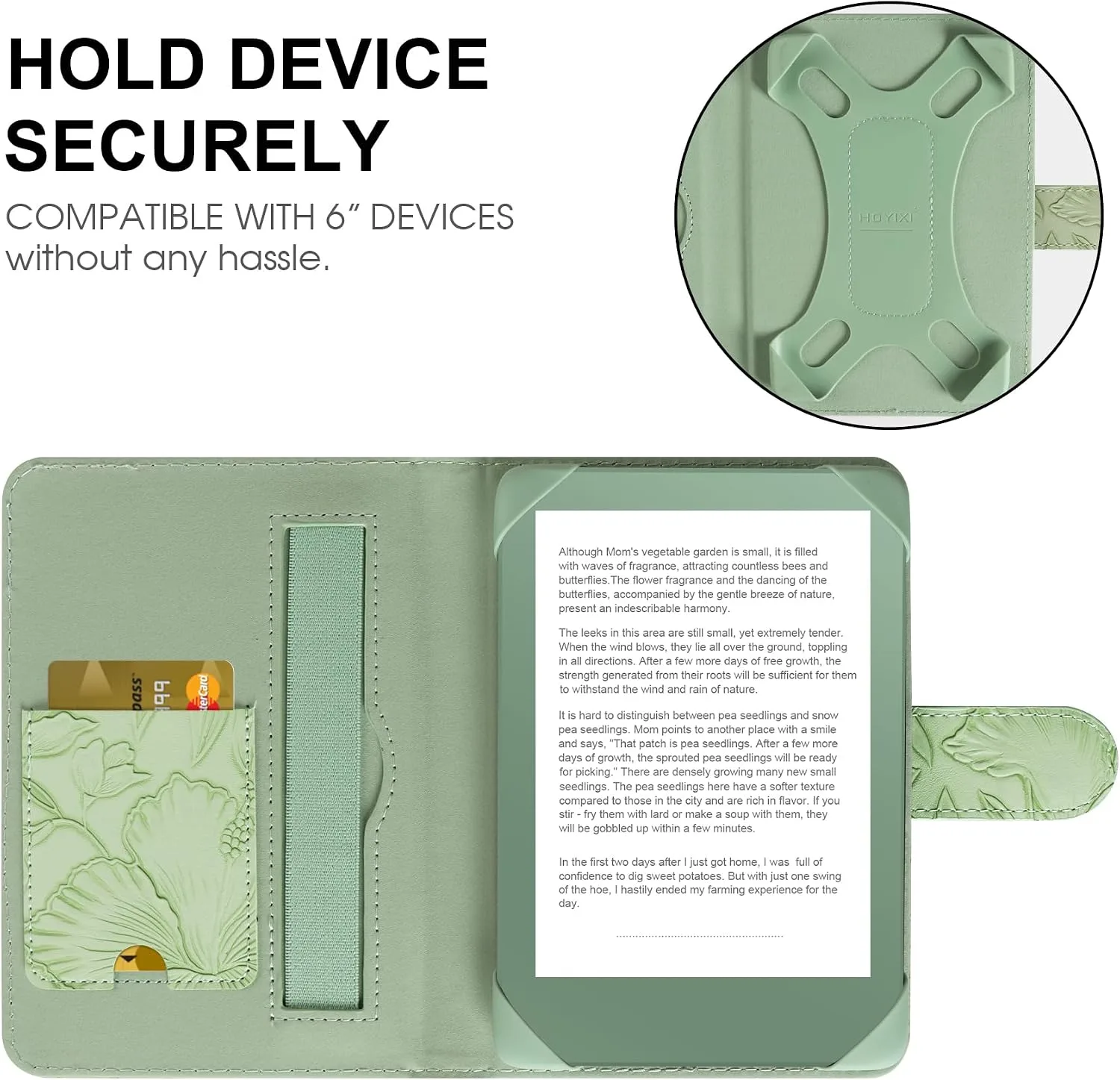 HoYiXi Universal Case for 6-inch Kindle eReader Compatible with Kobo/Voyaga/Pocketbook/Tolino E-Book Reader,6'' eReader Protective Cover with Built-in Card Slot,Green Leaves