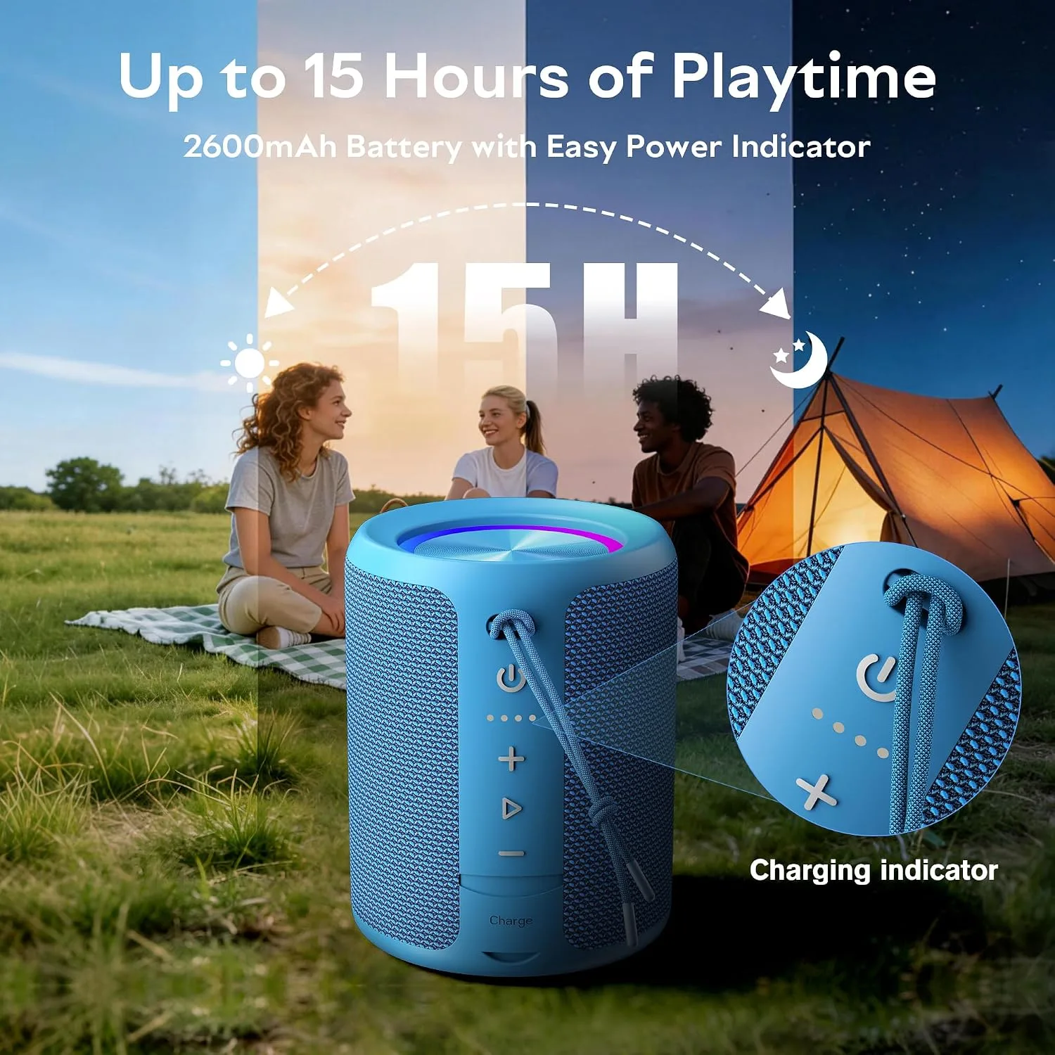 Portable Bluetooth Speaker,IPX7 Waterproof Wireless Speaker with 20W Loud Stereo Sound,15H Playtime & Beat-Synced RGB Light, Small Outdoor Speaker for Shower,Pool,Beach,Hiking,Gifts(Cerulean)