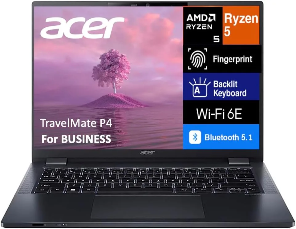 Acer TravelMate P4 Business Laptop 14.0" WUXGA Display (AMD Ryzen 5 PRO 6650U, 32GB DDR5, 512GB PCIe SSD, AMD Radeon 660M, Backlit KB, Fingerprint, WiFi 6E, Webcam, Win 11 Pro) (Renewed)