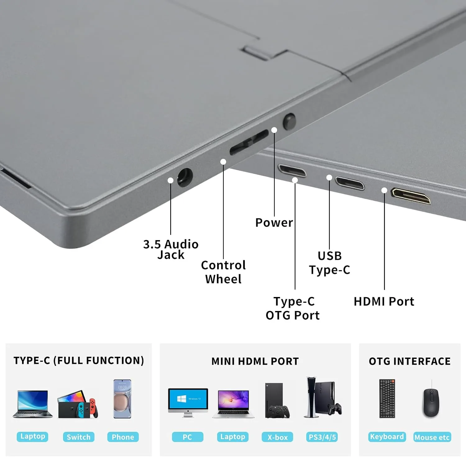 Portable Monitor, 13.3 Inch, 1200P IPS Display, Zero Frame, USB-C and HDMI, for Laptop, PC, Mac, PS, Xbox, Nintendo Switch