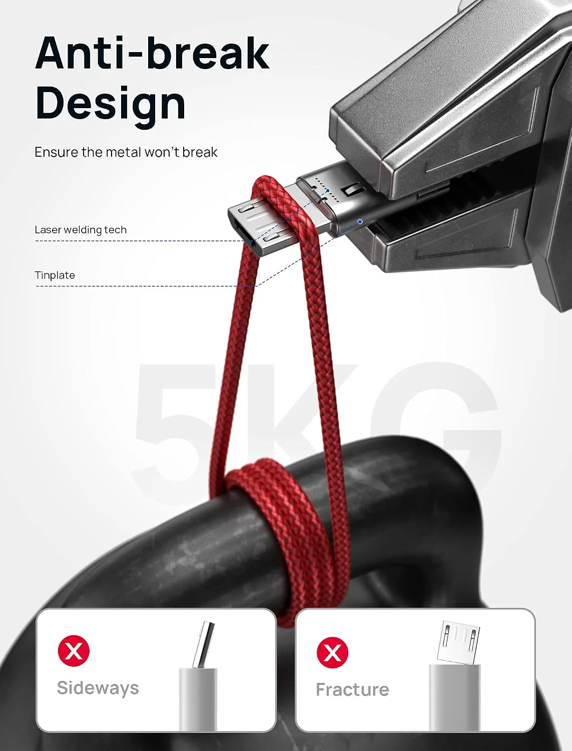 JSAUX Micro USB Cable for Android, (2-Pack 6.6FT) Android Charger Cable-Red