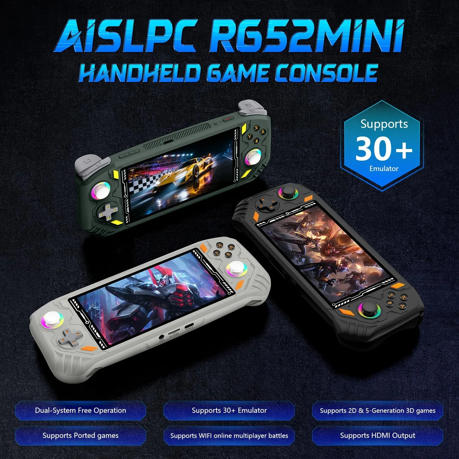 RG52MINI Retro Handheld Game Console, 5.5 Inch IPS Screen, Portable Dual System, 64GB Support 30+ Emulator&22000+ Classic Games, WiFi Networked Fighting, HDMI TV Output, 5000mAh Battery(Black 64GB)