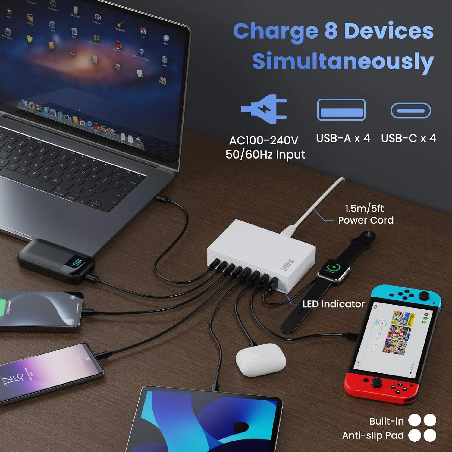 USB C Charger Block 200W[2026 Upgraded] GaN III 8 Port Fast Charging Station Hub,PD 65W USB C Laptop Charger Compatible with MacBook Pro/Air,iPad,iPhone 16/15,Galaxy S23/S24 Steam Deck Dell XPS etc