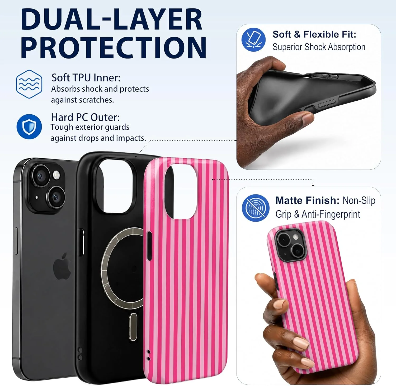 Magnetic for iPhone 13/14 Phone Case, Cute Trendy Hot Pink Striped