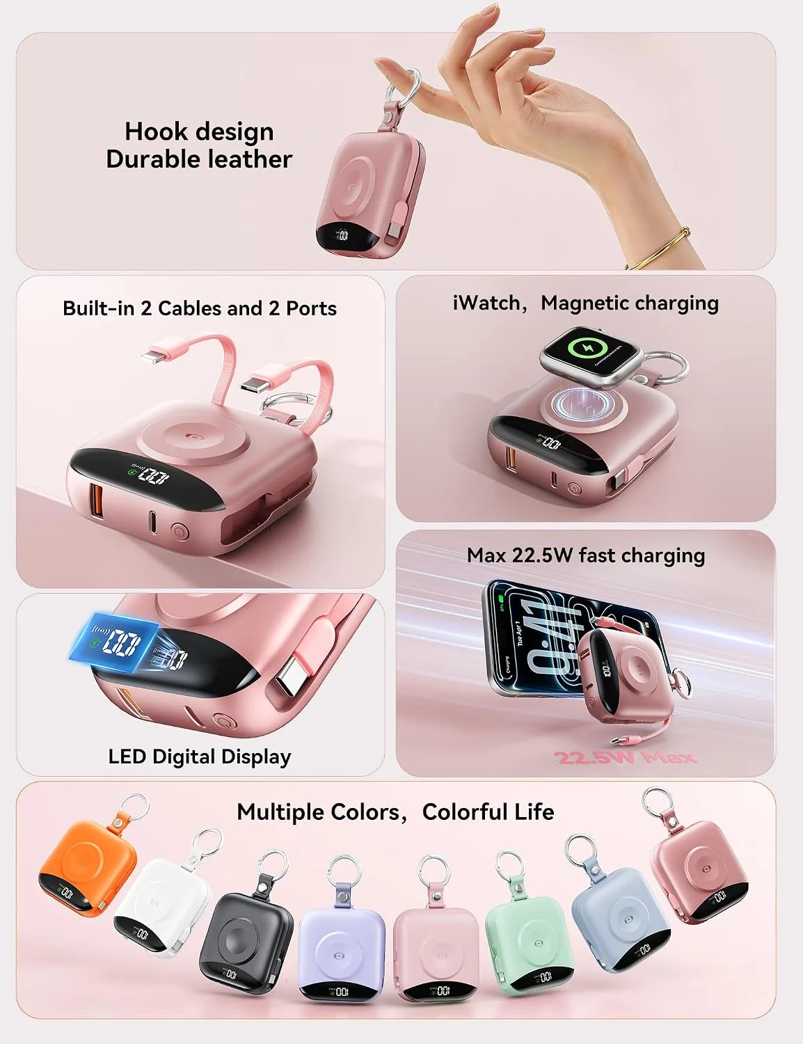 Portable Charger 10000mAh 22.5W Power Bank Built-in 2 Cables Keychain