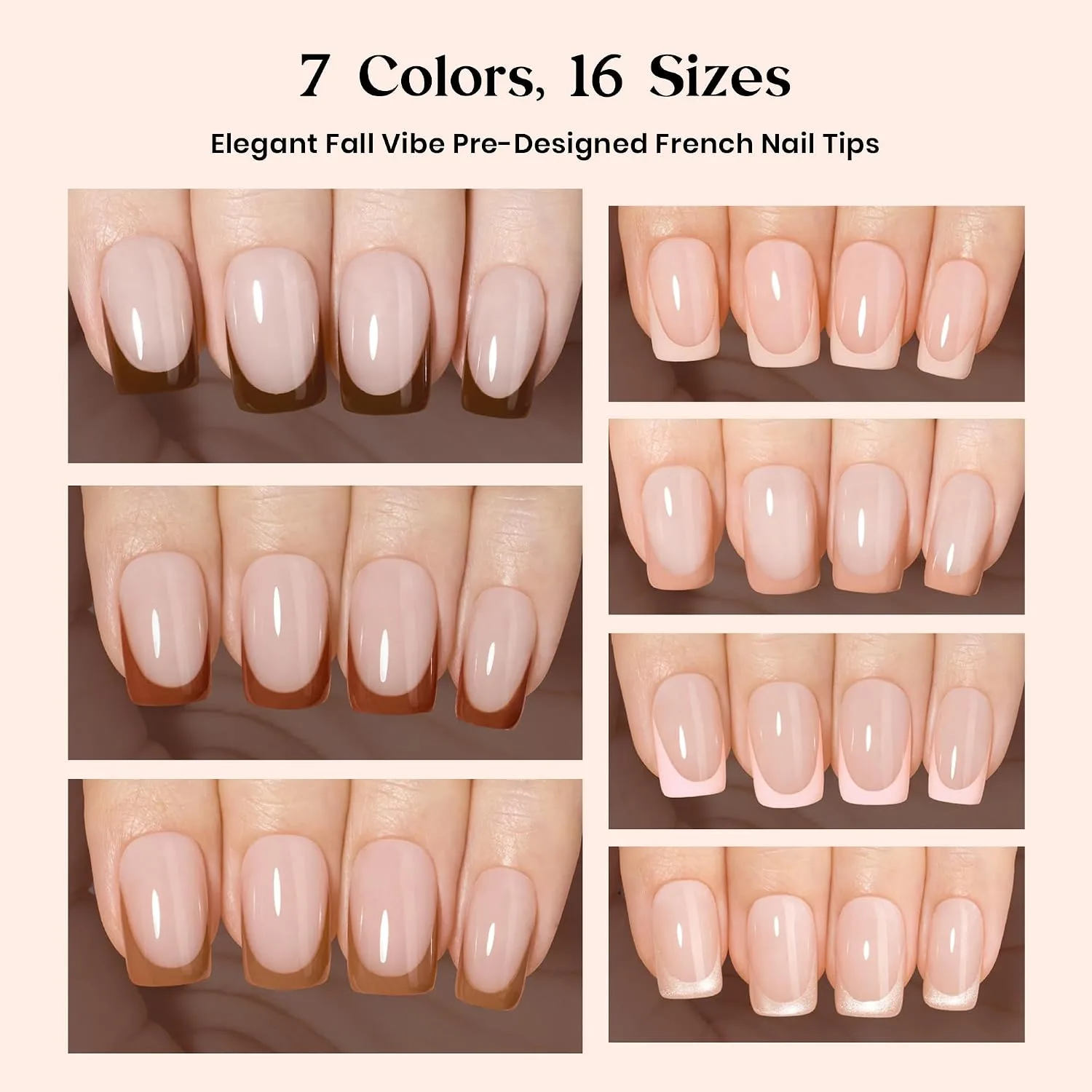 Beetles Full French Tip Press On Nails-7 Colors Short Square Brown, 224 Pcs