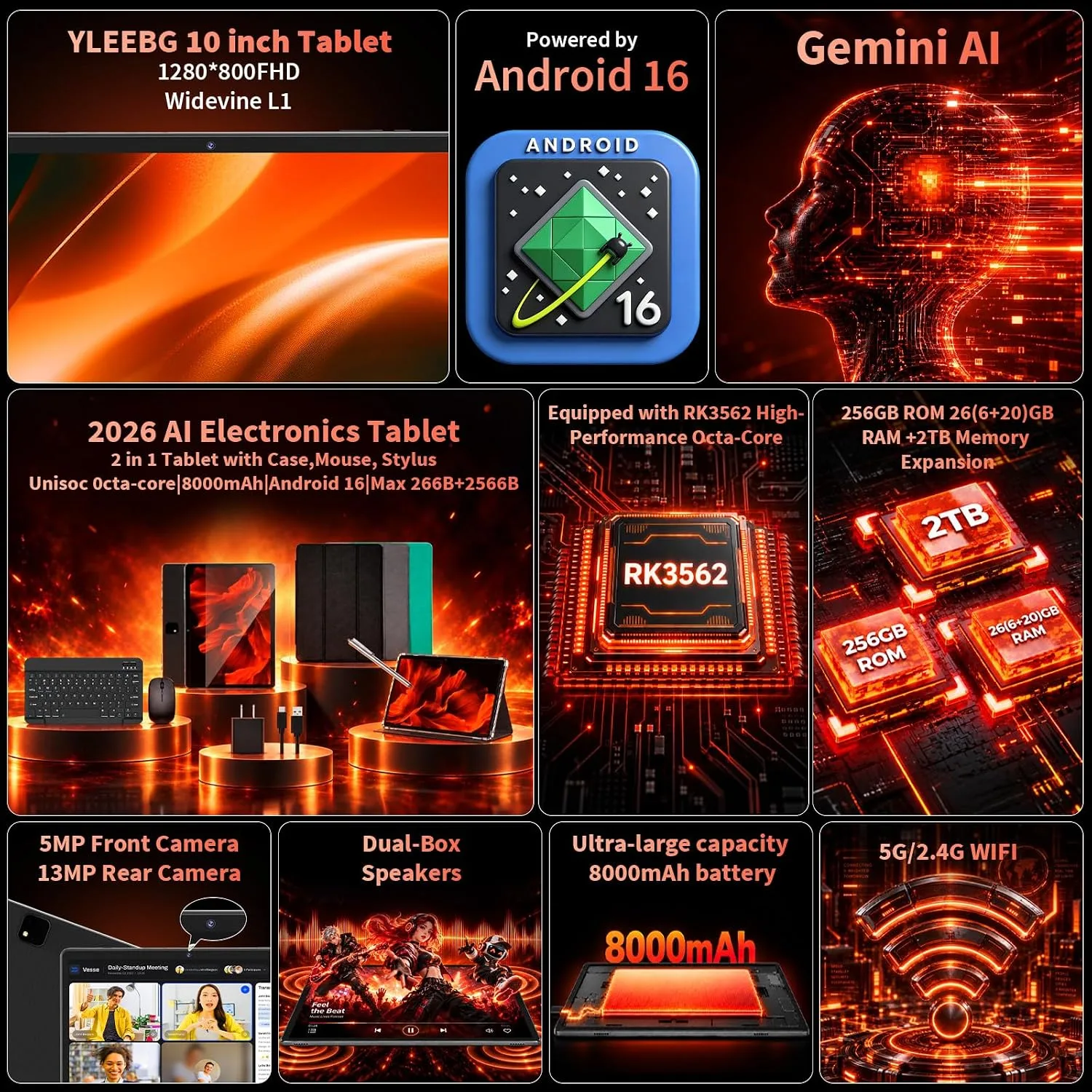 Android Tablet, 2026 Android 16 Tablet with Keyboard, 32GB+256GB, Gemini AI