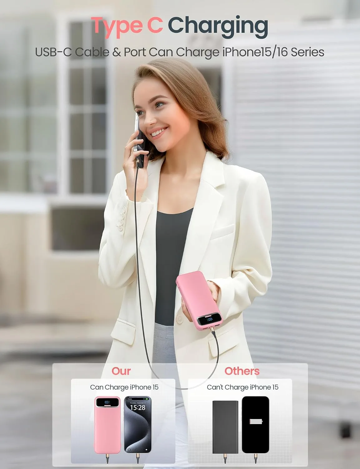 aonidi Portable Charger 12000mAh with Built-in Cables&AC Wall Plug, Pink