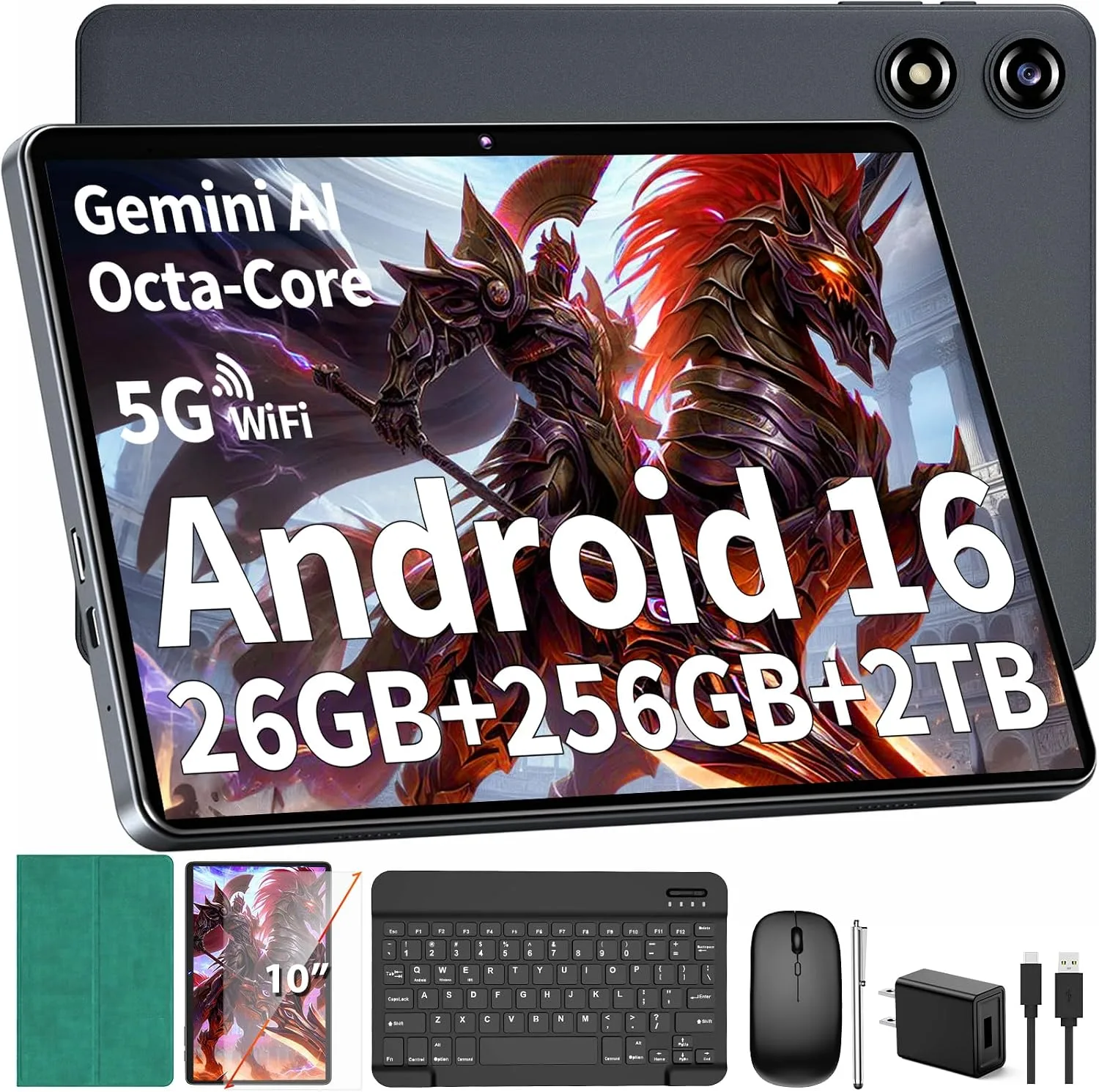 Android 16 Tablet with Keyboard - 26GB+256GB+2TB Expand, Gemini AI-Green