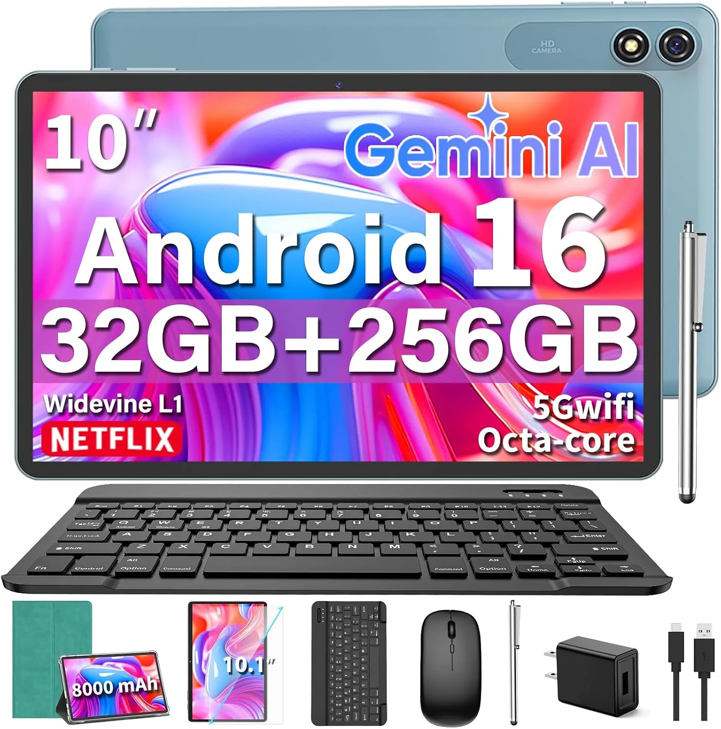 Android 16 Tablet with Keyboard - 10 Inch Tablet, 32GB+256GB+2TB Expand