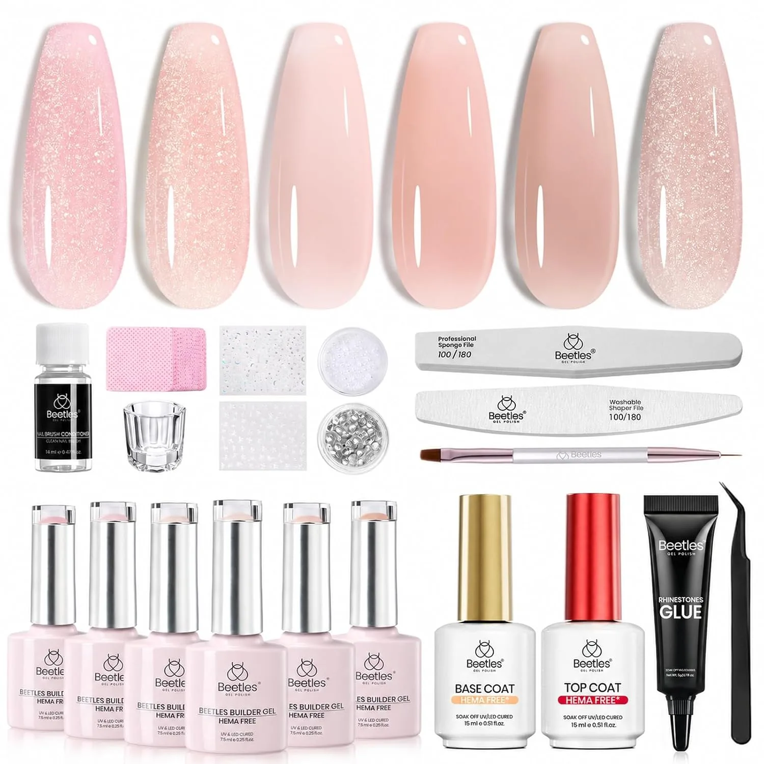 Beetles Builder Gel Nail Kit HEMA-FREE, 6 Colors Builder & Base Top Coat