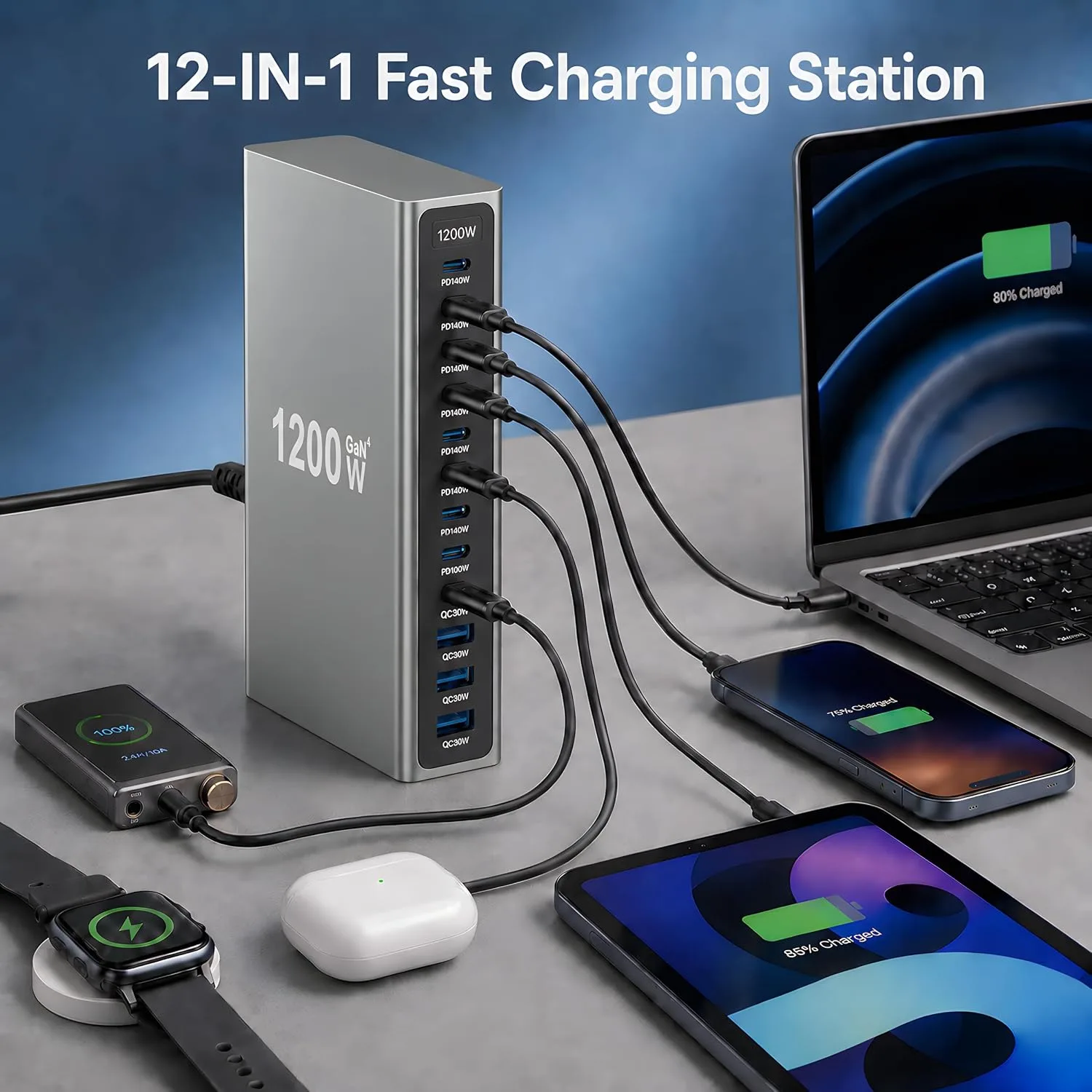 1200W GaN4 USB C Desktop Charging Station with 6.6FT 240W Cable, 12-in-1 Multiport Fast Charger Hub with Stand, 7X PD 140W Multi-Device Power Station for Laptops Tablets and Phones