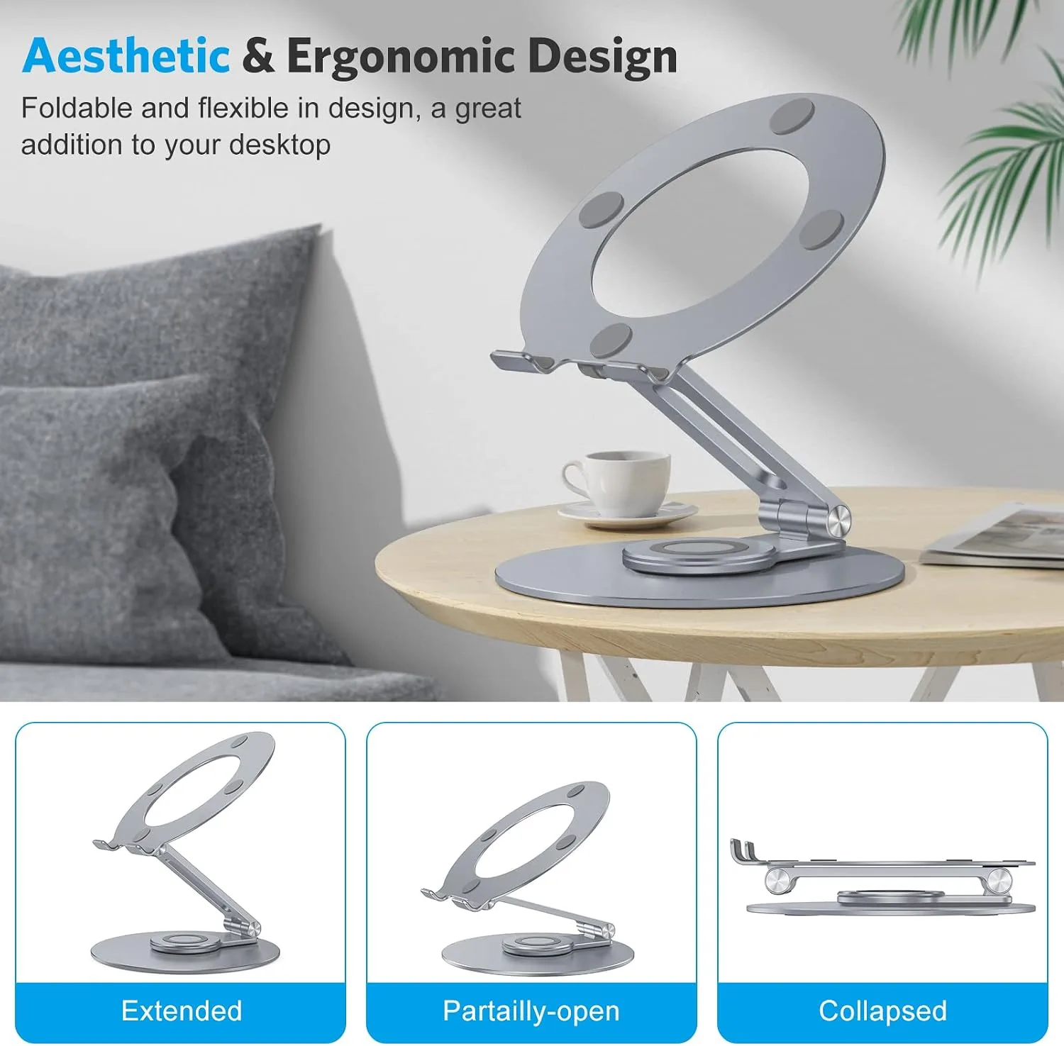 OMOTON Adjustable Laptop Stand for Desk 360° Rotating Base 17" Cool Grey