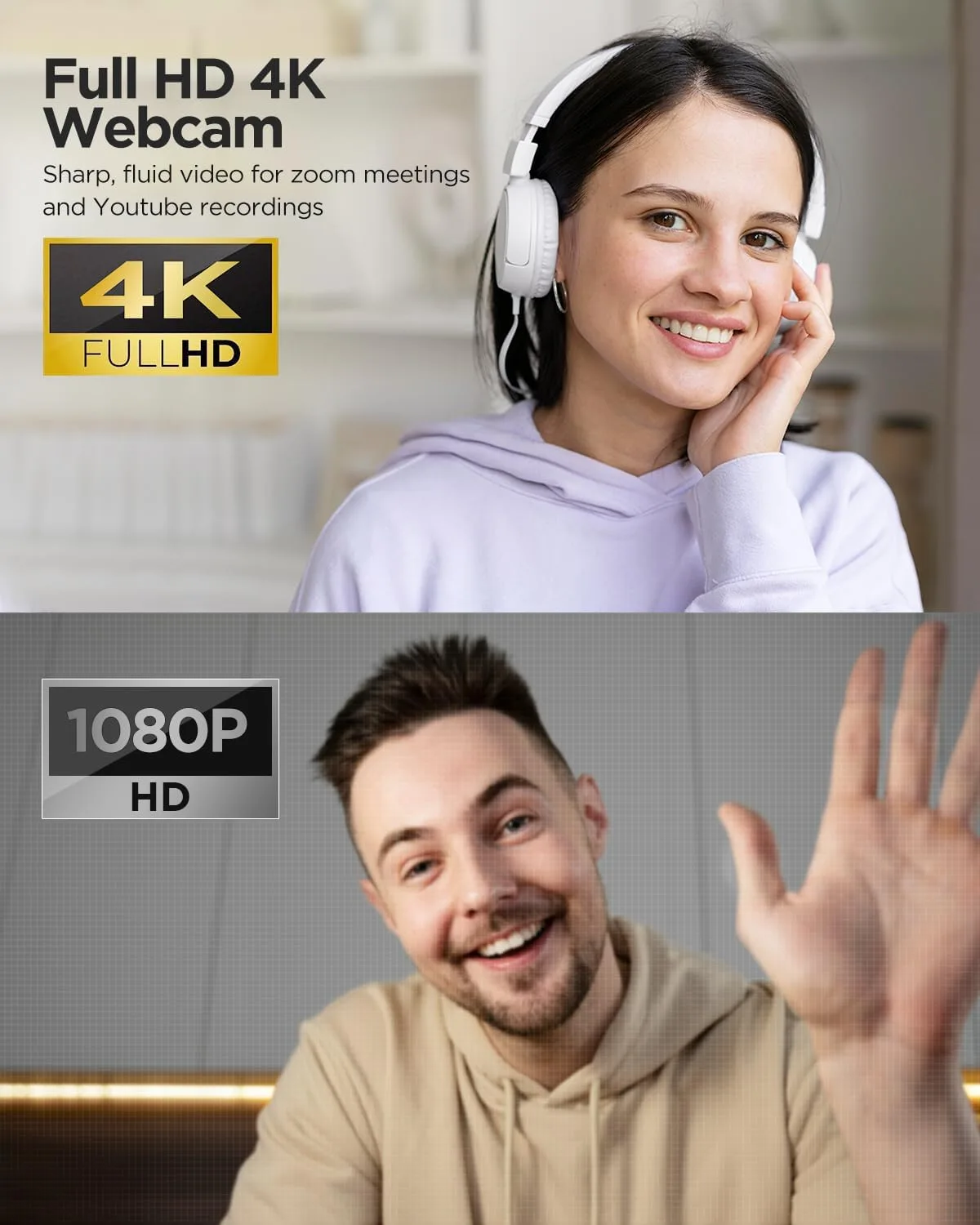 Webcam 4K with Microphone & Privacy Cover for PC/Laptop, USB Computer Camera Plug & Play with Auto Light Correction for Video Calls, Live Streaming Gaming & Online Meetings (4K Black)