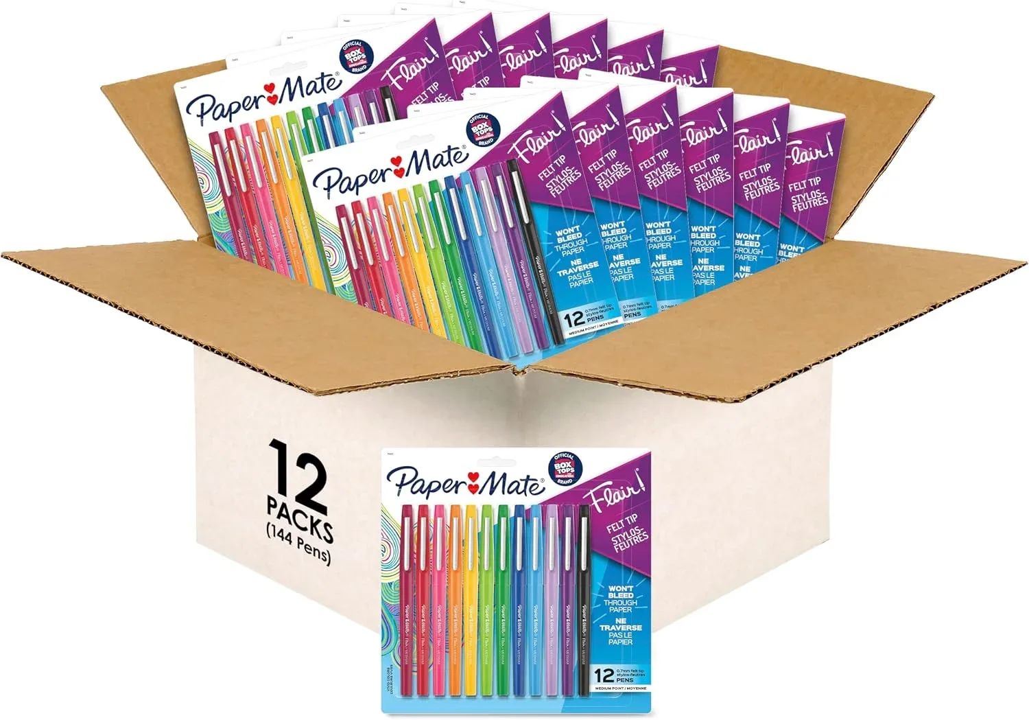 Paper Mate Flair Felt Tip Pens, Medium Point (0.7mm), Assorted Colors, (Pack of 12, 144 Count Total)