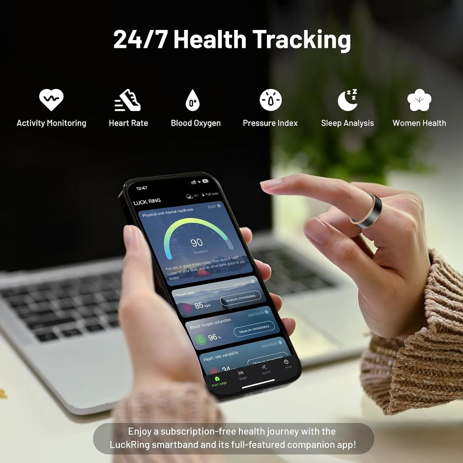 Smart Ring for Women & Men, IP68 Health Fitness Tracker (Pink, 6)