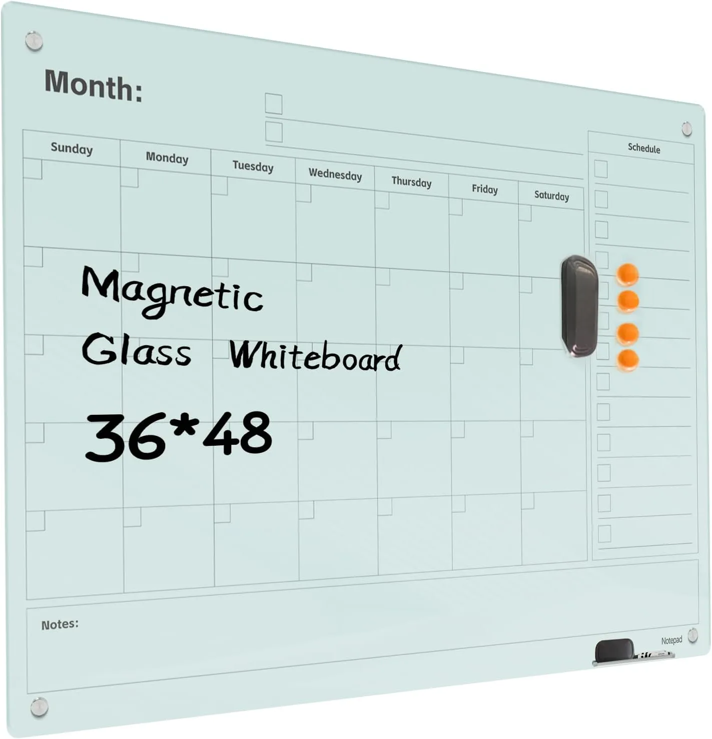 Magnetic Glass Dry Erase Board Calendar- White Board 48 x 36 Inch Wall Mounted Monthly Whiteboard, Large Frameless Glass White Board for Wall Office, Home & School