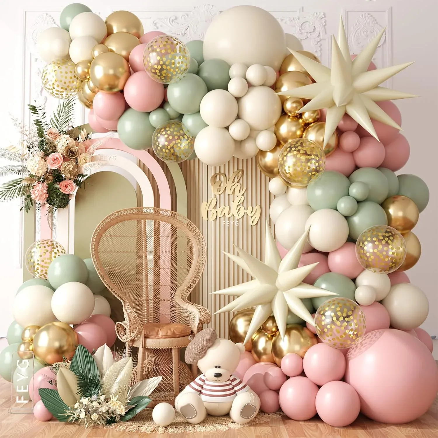 Sage Green Pink Balloon Garland Arch Kit, Sand White Beige Latex Party Balloons